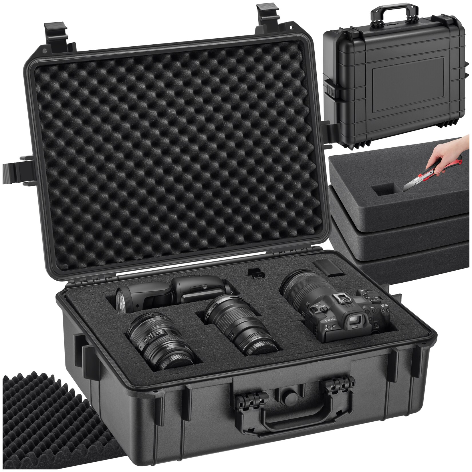 tectake® Fotokoffer, aus robuster Hartschale mit 4 dicken Schaumstoffeinlagen, wasserdicht und temperaturbeständig, 56 x 42 x 21 cm | 04260505440121