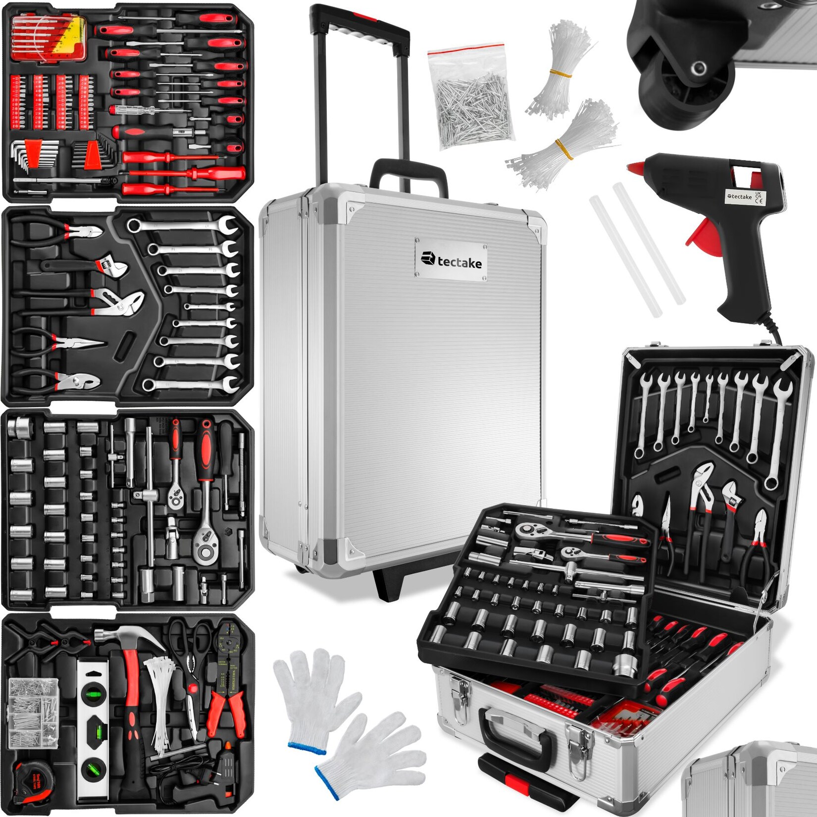 tectake® Werkzeugkoffer, 599-teilig, übersichtliche Anordnung auf 4 Ebenen, mit Klappgriff und Teleskopgriff, inklusive Handschuhe | 04260552088284