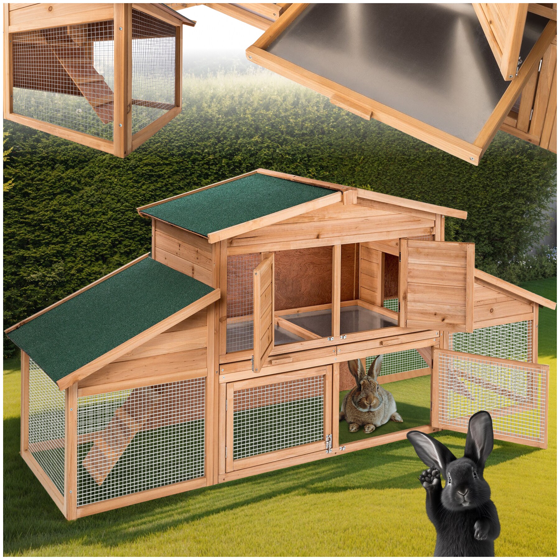 tectake&reg; Kleintierstall, aus Holz, 4 T&uuml;ren, Ruhezone und Freilaufbereich, inklusive ausziehbarer Schublade, 226 x 77 x 95,5 cm - Bild 1