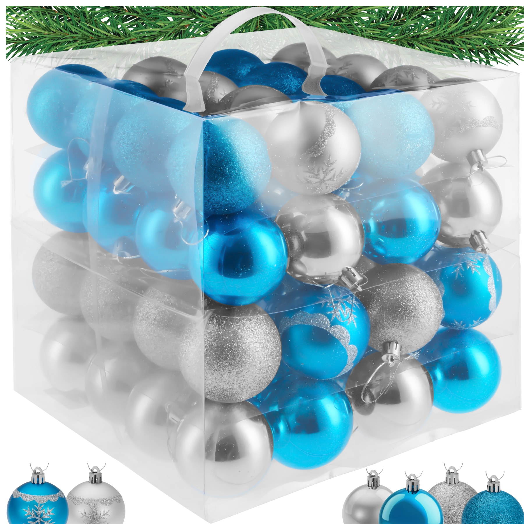 tectake&reg; Weihnachtskugeln, 64er-Set in SIlber und Blau, matt, gl&auml;nzend, glitzernd und mit Eisblumen-Verzierung, Durchmesser 6 cm - Bild 1