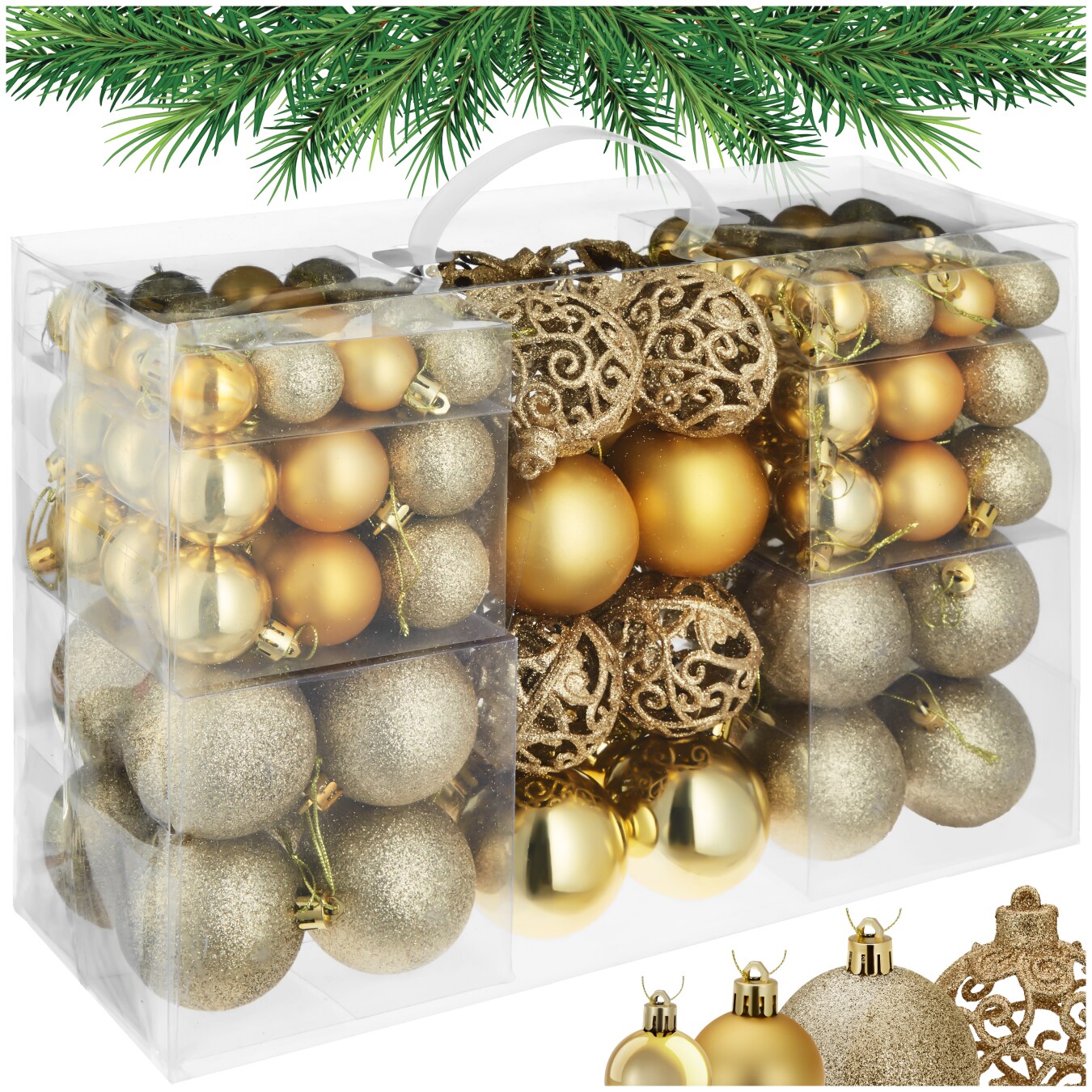 tectake&reg; Weihnachtskugeln, 100er-Set in Gold, matt, gl&auml;nzend und glitzernd, Durchmesser 3, 4 und 6 cm - Bild 1