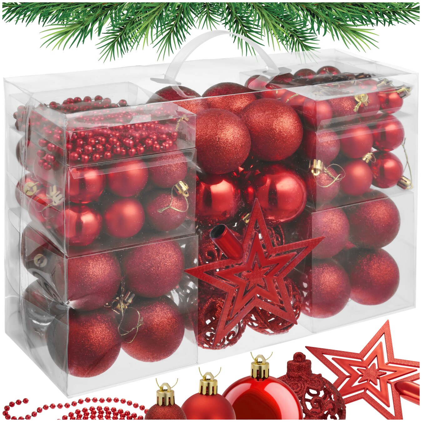 tectake&reg; Weihnachtskugeln, 86-er Set in Rot, inklusive Perlenkette und Stern, matt, gl&auml;nzend und glitzernd, Durchmesser 3, 4 und 6 cm - Bild 1