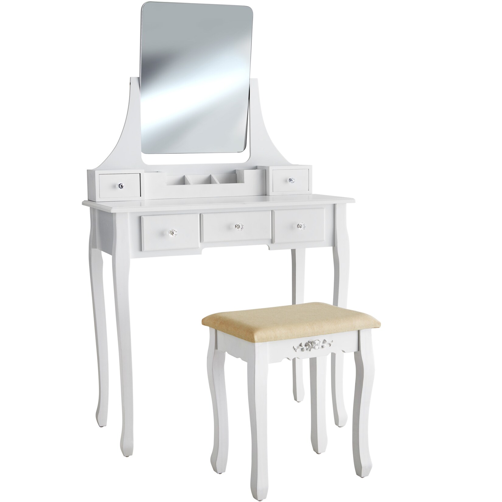 tectake® Schminktisch, mit gepolstertem Hocker, 5 Schubladen, abnehmbares Kosmetikfach, 80 x 40 x 138 cm | 04061173115812