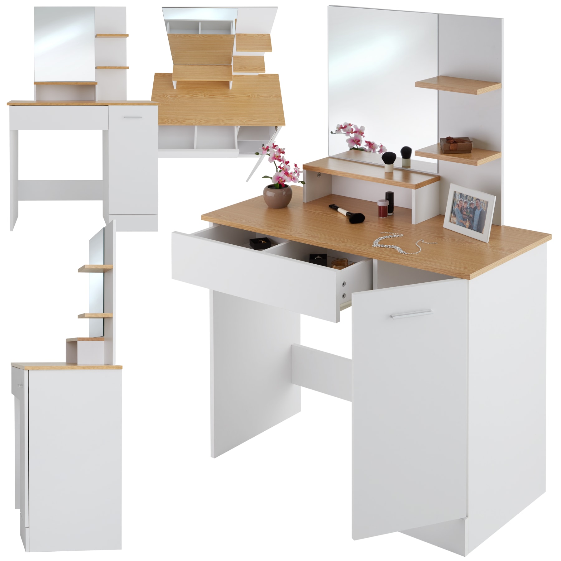 tectake&reg; Schminktisch, im modernen Look, 3 offene Ablagen, unterteilte Schublade, 90 x 40 x 137,5 cm - Bild 1