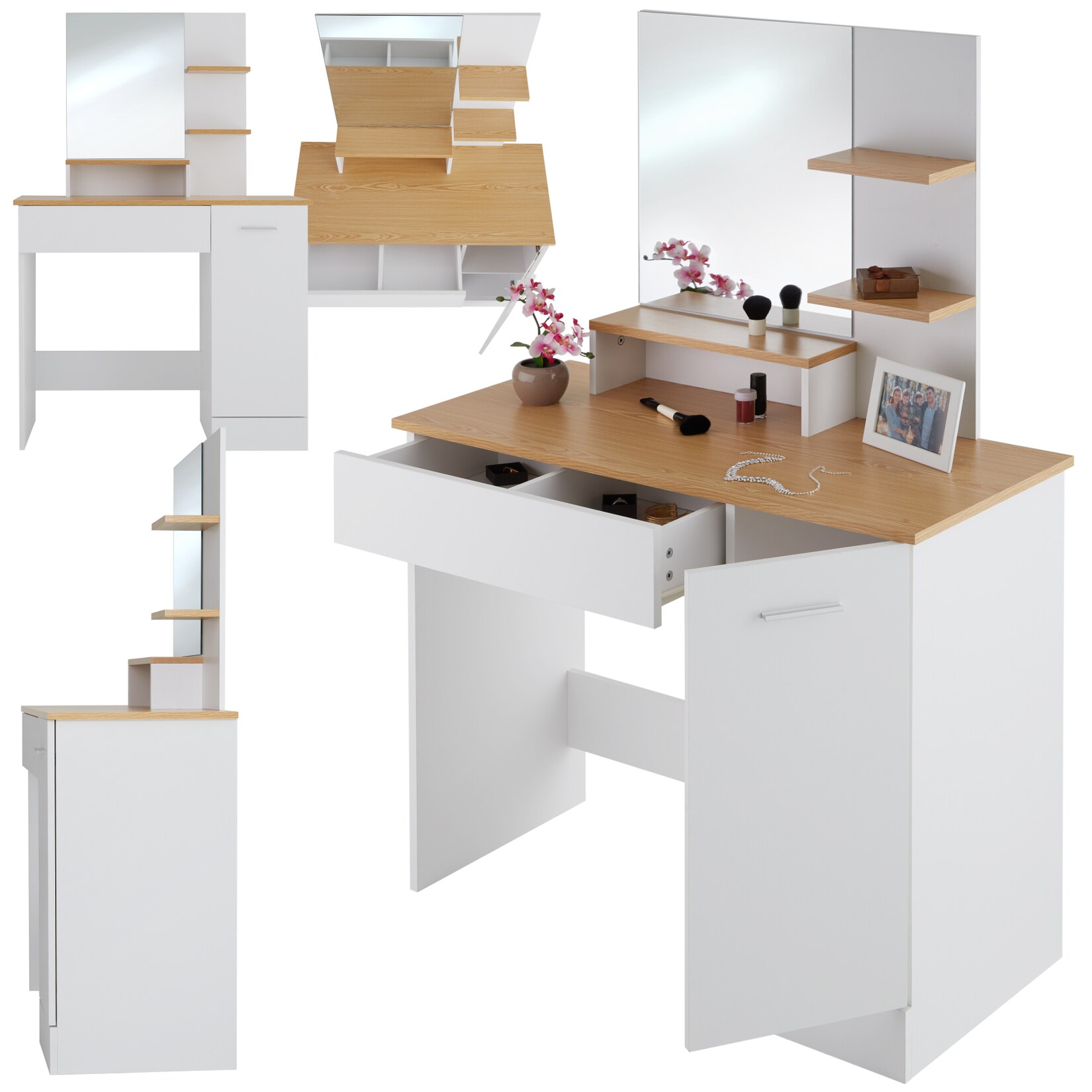 tectake® Schminktisch, im modernen Look, 3 offene Ablagen, unterteilte Schublade, 90 x 40 x 137,5 cm | 04061173125316