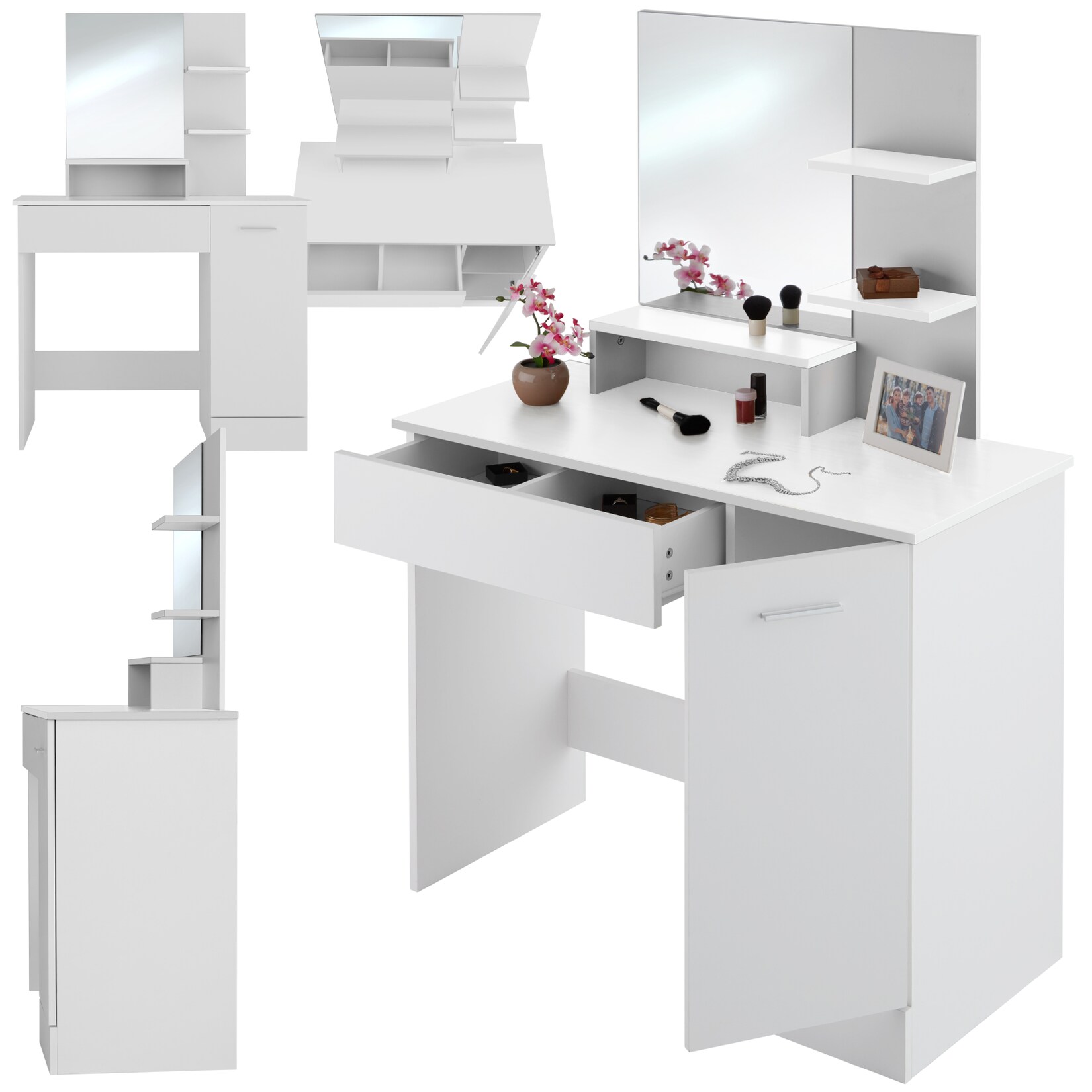 tectake® Schminktisch, im modernen Look, 3 offene Ablagen, unterteilte Schublade, 90 x 40 x 137,5 cm | 04061173262233