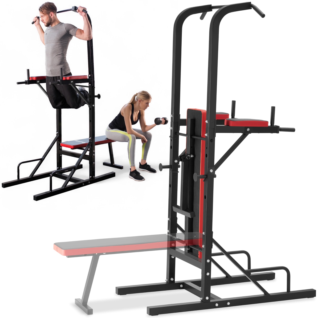 tectake® Power Tower, mit klappbarer Hantelbank und Langhantelablage, gepolstert mit Kunstlederbezug, 180 x 95 x 210 cm