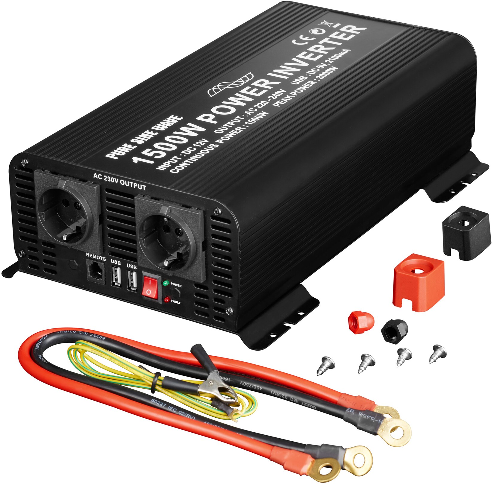 tectake® Wechselrichter, 12 – 230 V, 2 AC-Steckdosen, inklusive Zubehör | 04061173211101