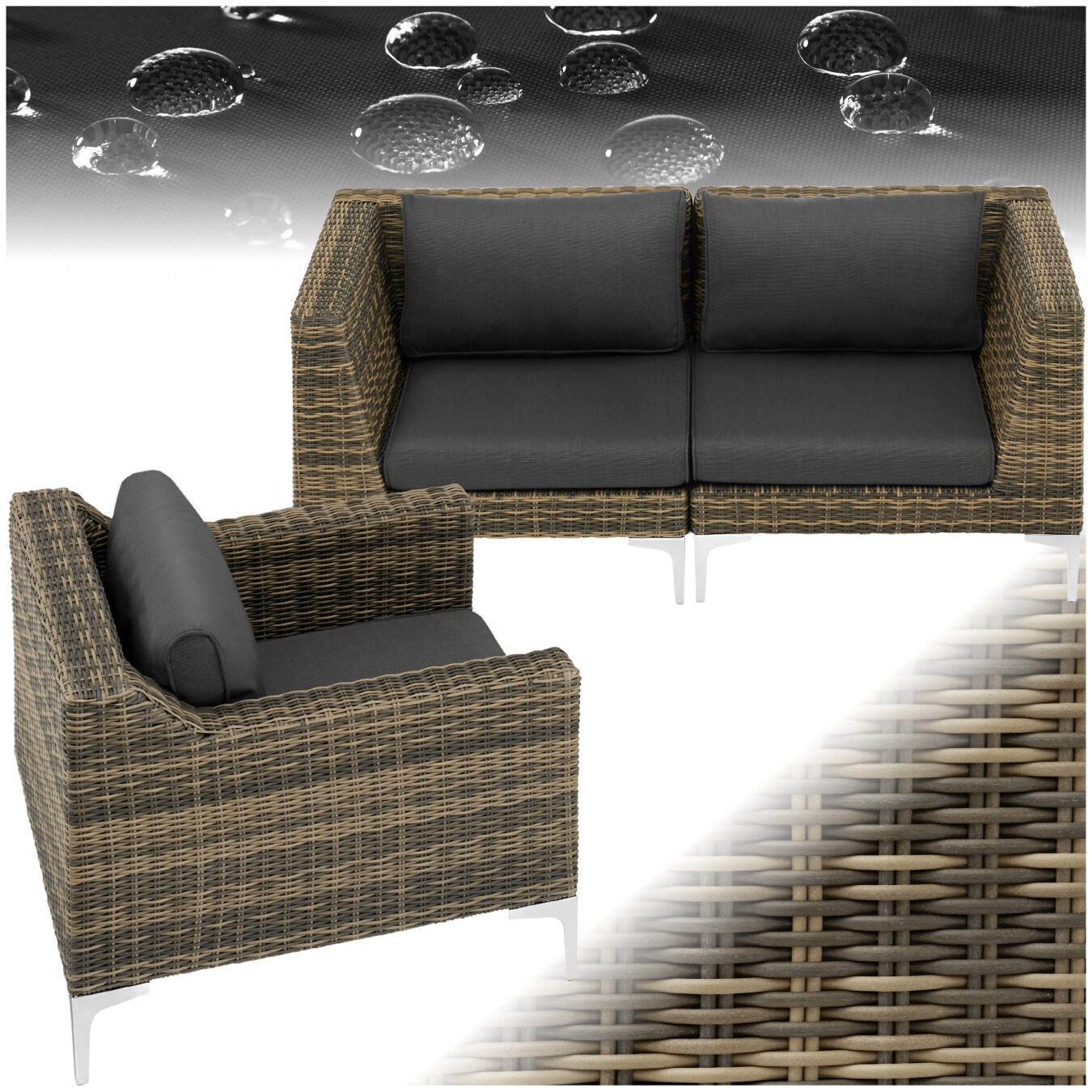 tectake® Modulares Rattanset, Eckelemente und Sessel mit Aluminiumgestell, hochwertiges Geflecht, kein Aufbau | 04061173231185