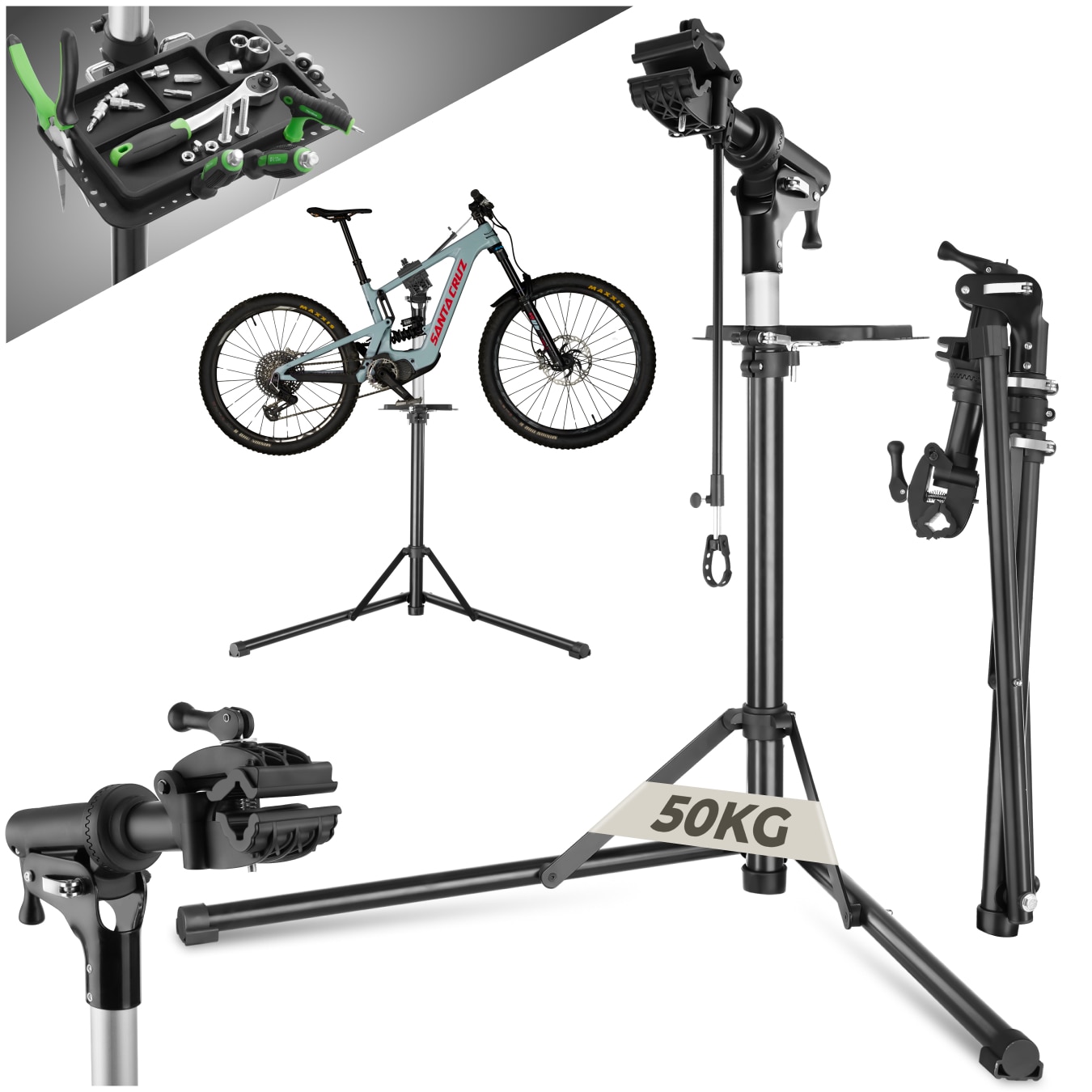 tectake® Fahrradmontageständer, Belastbarkeit 50 kg, klappbar mit Schnellverschlüssen, lackschonend, inklusive Vorderrad-Stabilisator und …