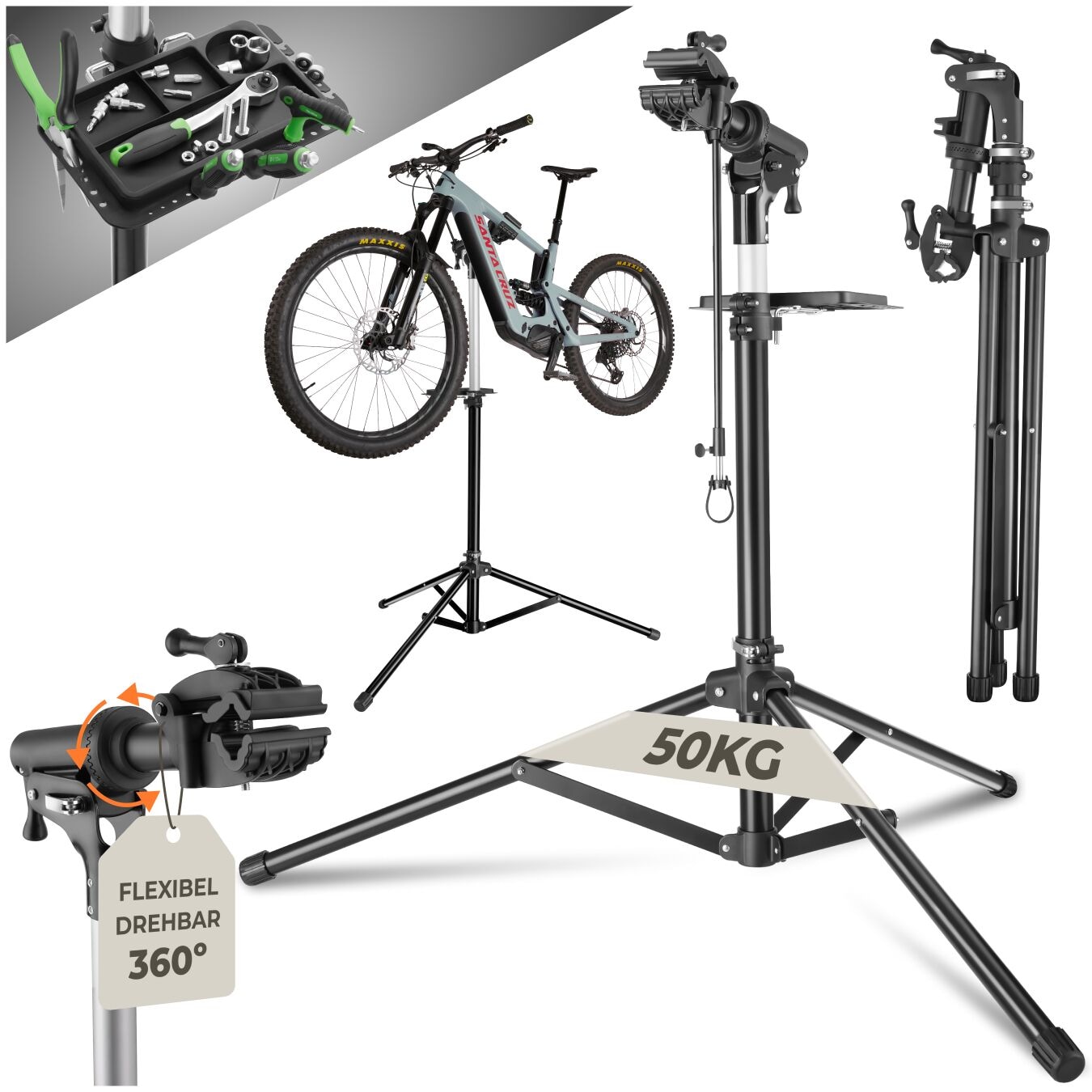 tectake® Fahrradmontageständer, Belastbarkeit 50 kg, klappbar mit Schnellverschlüssen, lackschonend, inklusive Vorderrad-Stabilisator und …