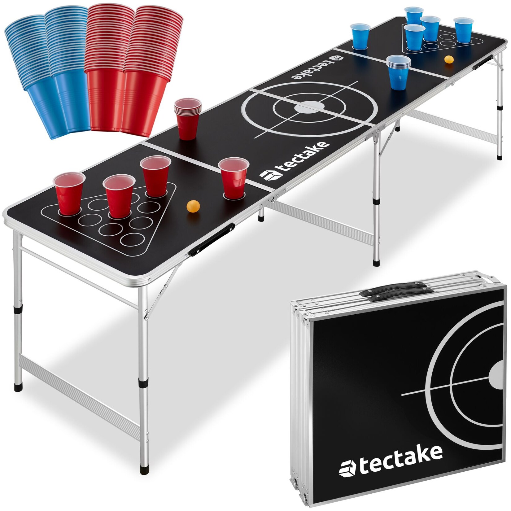 tectake Aluminium Bierpongtisch, klappbar, bodenschonende Kunststofffüße, inklusive 100 Bechern und 6 Bällen
