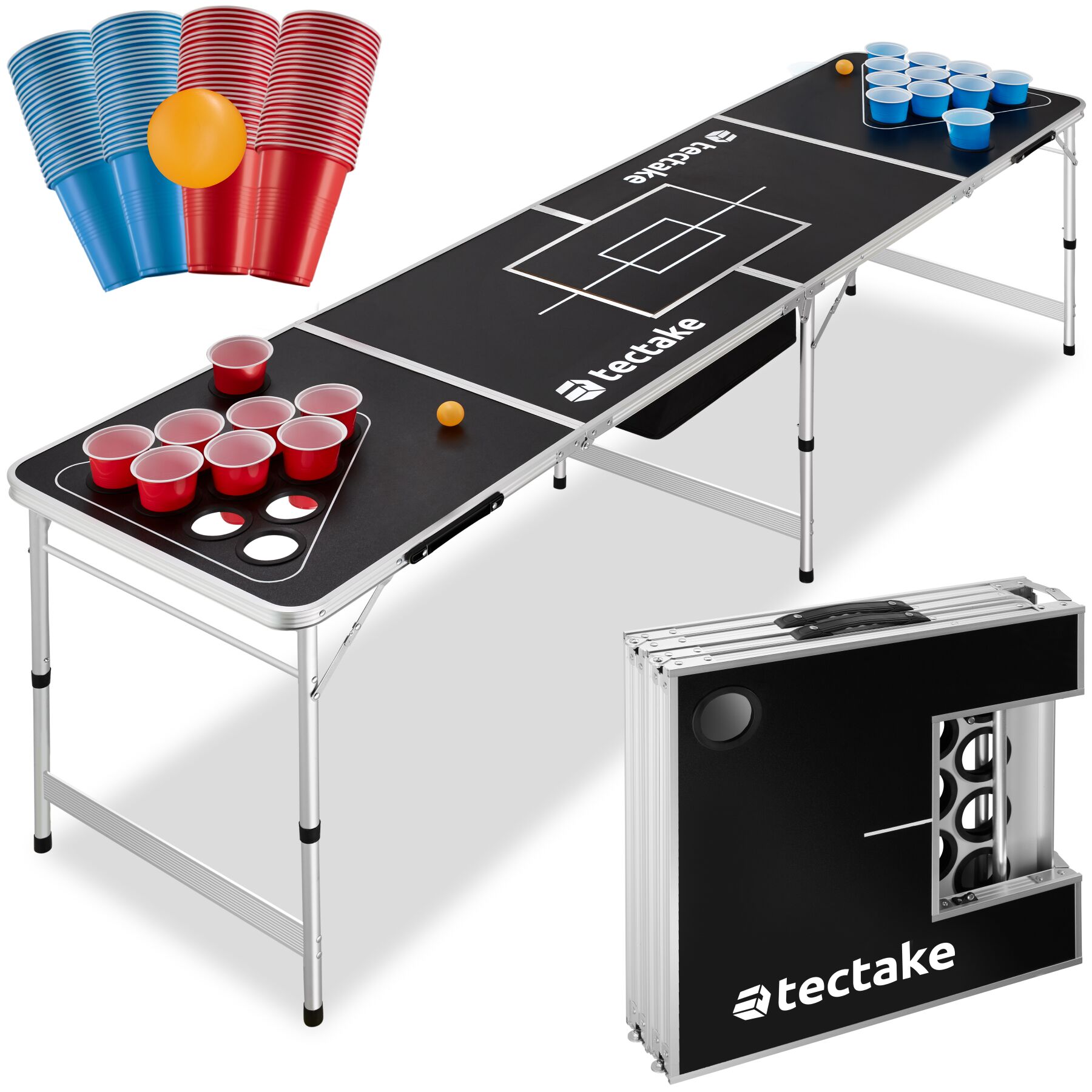 tectake&reg; Bierpong-Tisch, aus Aluminium mit Eisfach, bodenschonende Kunststofff&uuml;&szlig;e, inklusive 100 Bechern und 6 B&auml;llen - Bild 1