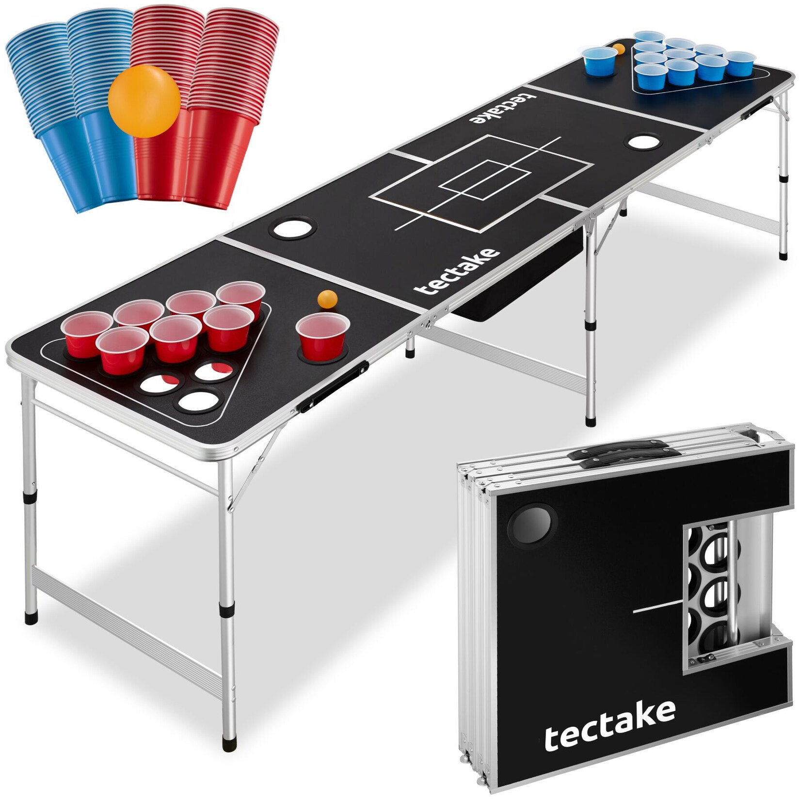 tectake® Bierpong-Tisch, aus Aluminium mit Eisfach, bodenschonende Kunststofffüße, inklusive 100 Bechern und 6 Bällen | 04061173255273