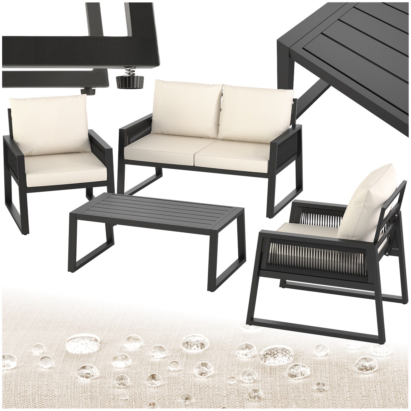 tectake® Garten-Lounge Set, im Rope-Design mit Aluminiumgestell, höhenverstellbare Füße, Tisch mit Lamellenmuster | 04061173256447