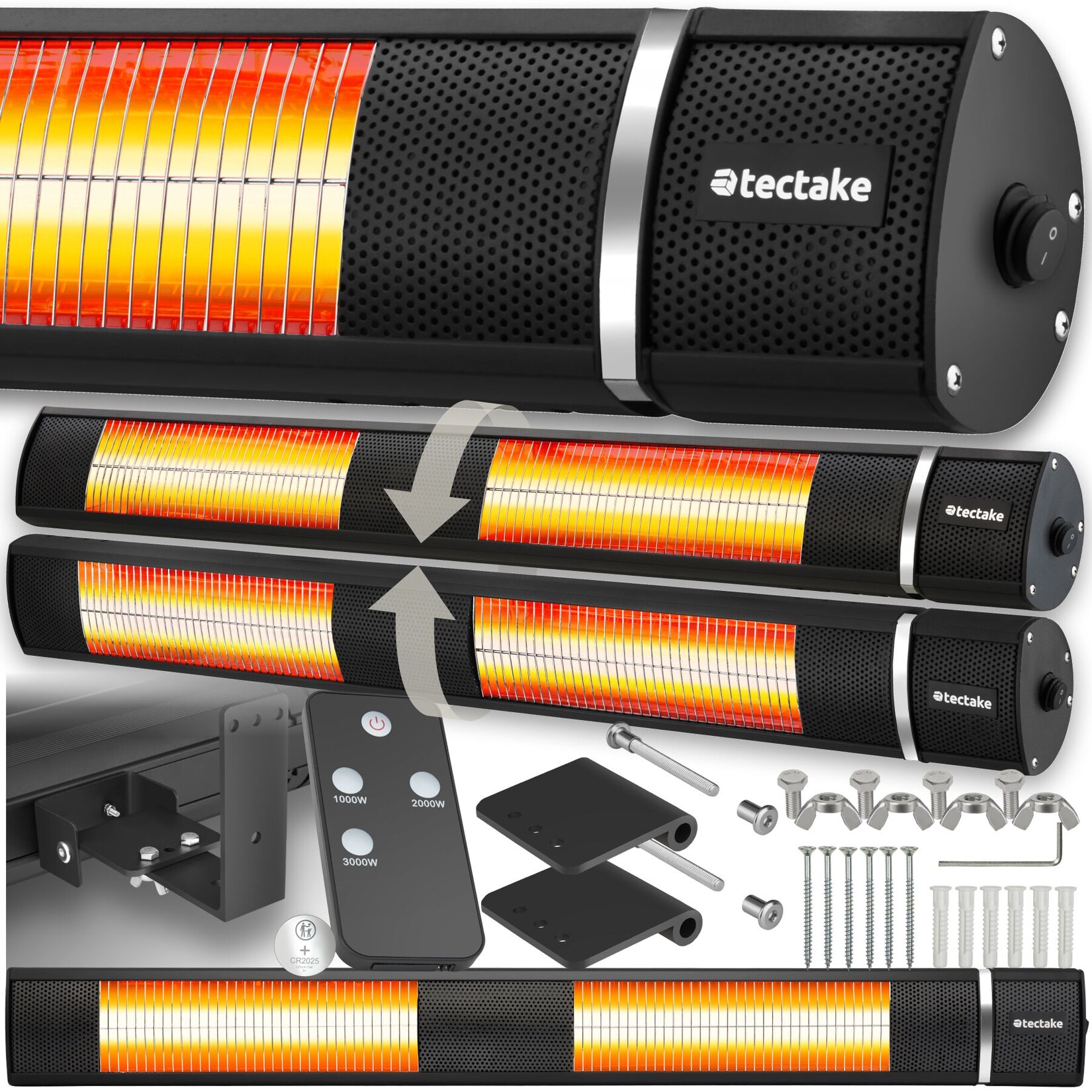 tectake® Infrarotheizstrahler , 3 Leistungsstufen, 1000, 2000 und 3000 W, Aluminiumgehäuse, neigbar, einfache Montage, 95 x 11 x 10,5 cm