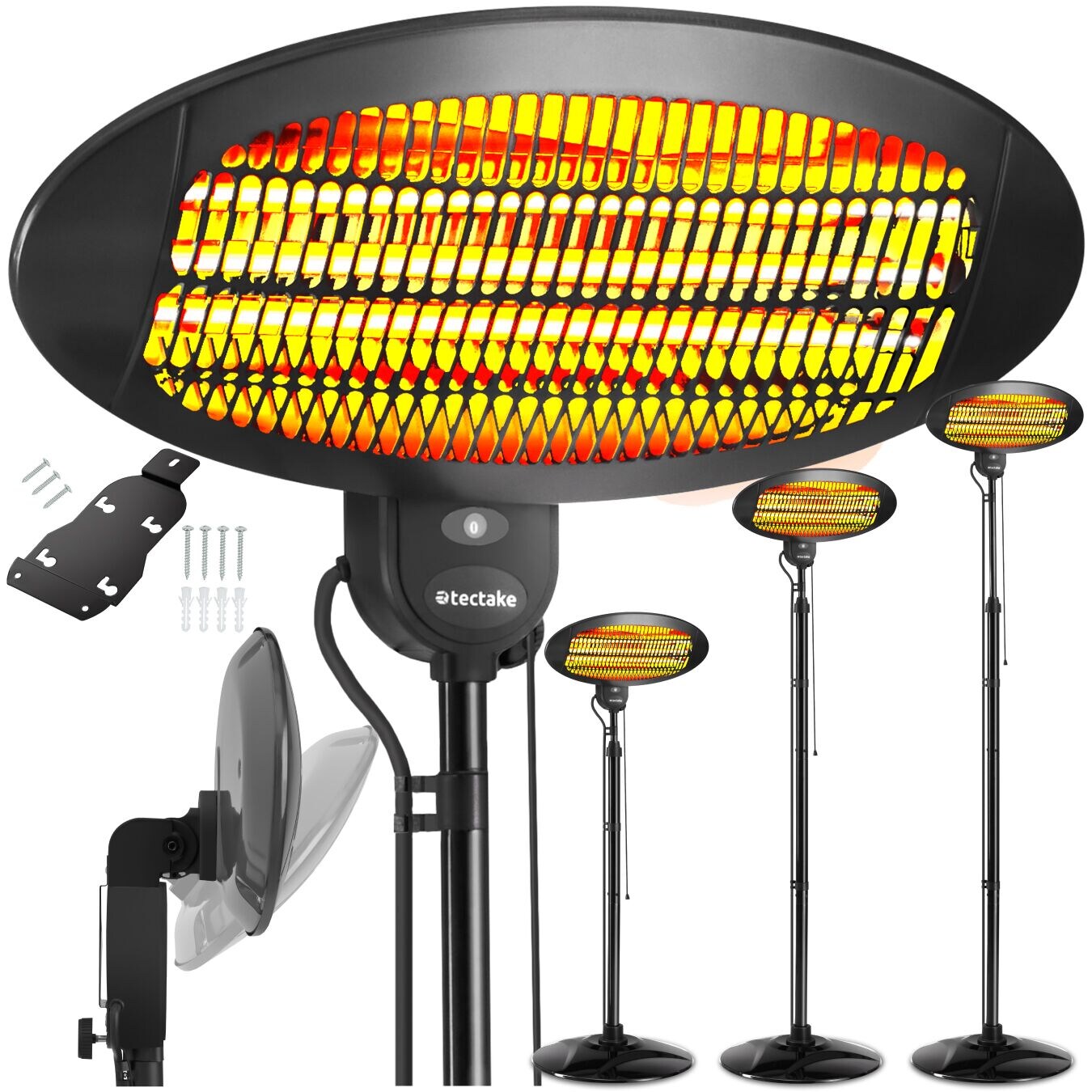 tectake® Infrarotheizstrahler, 3 Leistungsstufen, 650, 1300 und 2000 W, höhenverstellbar und neigbar, Wandmontage möglich, 50 x 50 x 136 – 213 cm | 04061173259677