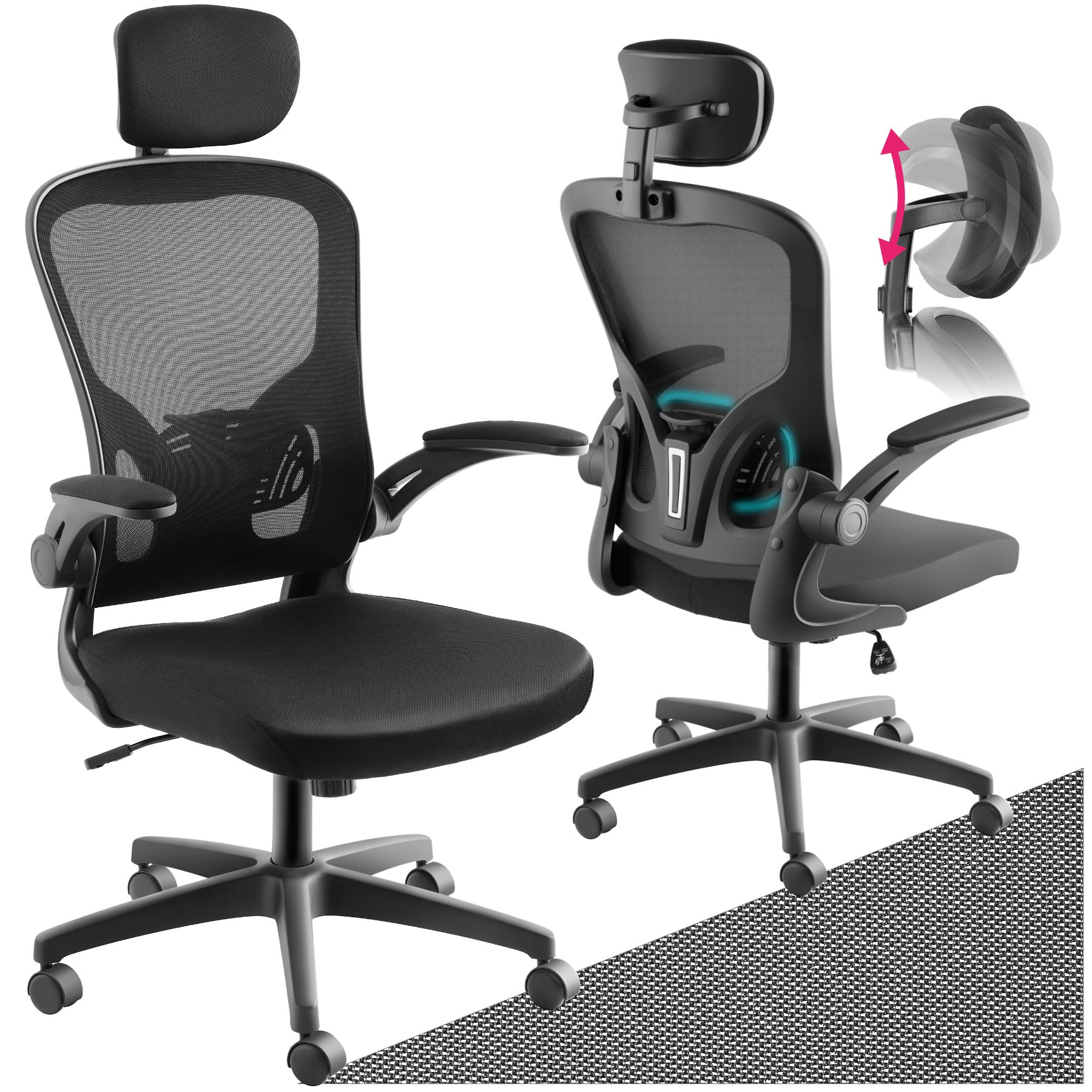 tectake&reg; B&uuml;rostuhl, ergonomische Form mit verstellbarer Lordosenst&uuml;tze und verstellbarer Kopfst&uuml;tze, mit Netzstoffbezug, klappbare Armlehnen und Wippfunktion, stufenlos h&ouml;henverstellbar - Bild 1