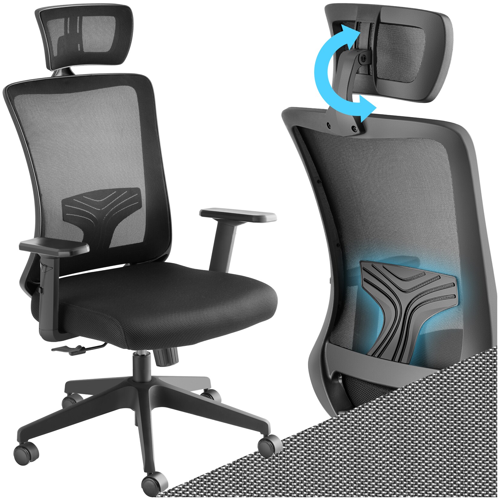 tectake® Bürostuhl, ergonomische Form mit Lordosenstütze und verstellbarer Kopfstütze, mit Netzstoffbezug, höhenverstellbare Armlehnen und Wippfunktion, stufenlos höhenverstellbar | 04061173262370