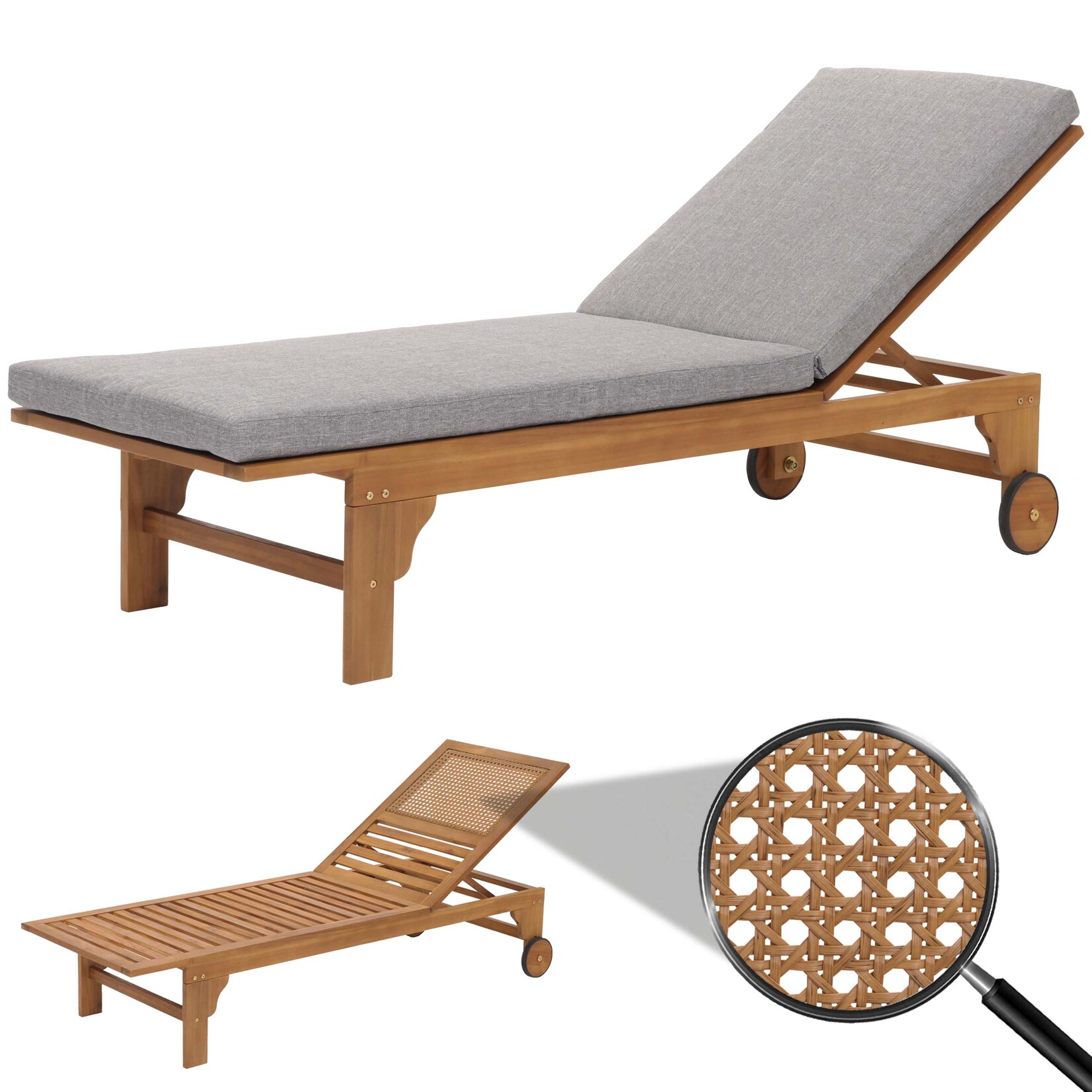 Sonnenliege MCW-N48, Gartenliege Relaxliege Liegestuhl, Massiv-Holz Akazie MVG-zertifiziert ~ Kissen grau | 04057651656137