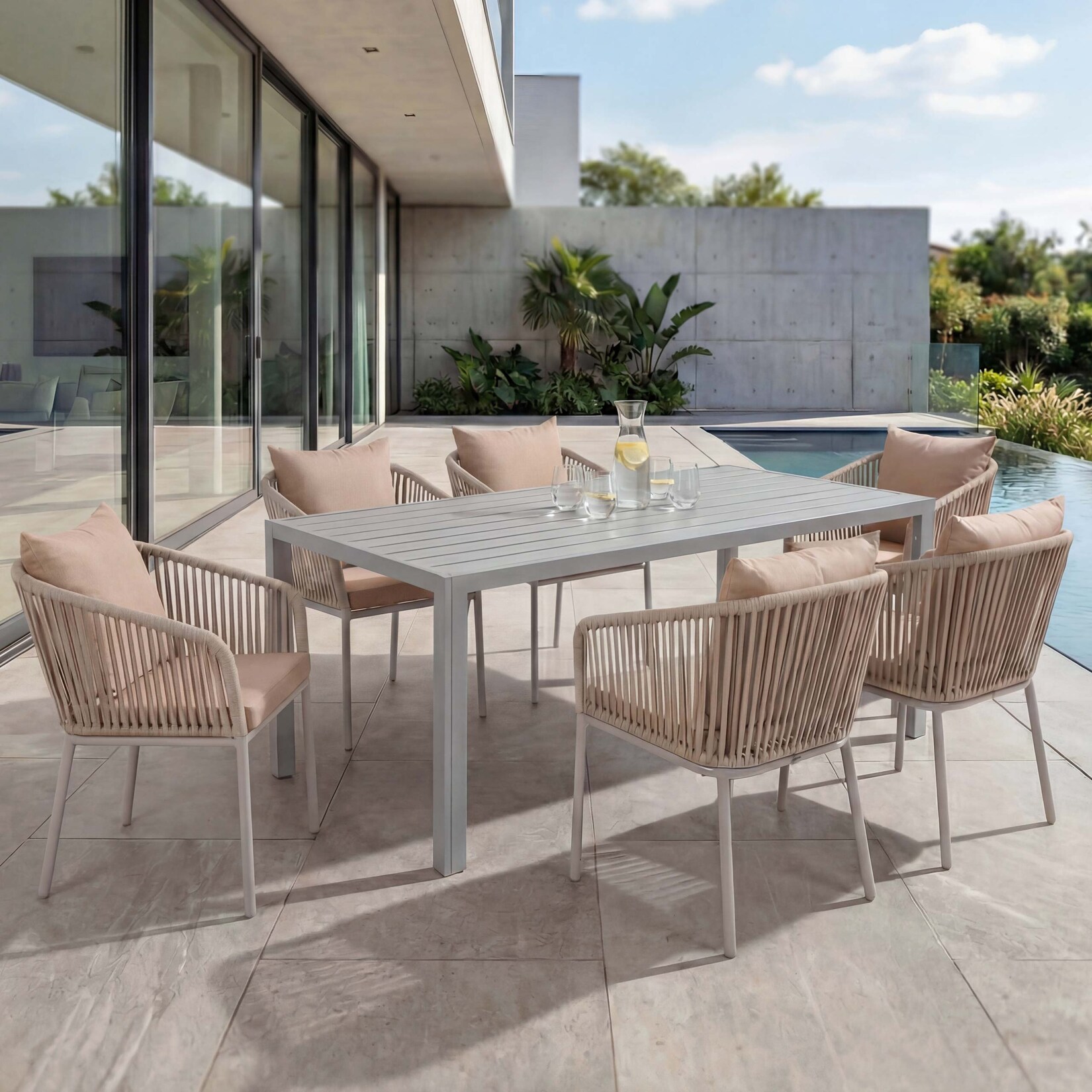 Gartengarnitur MCW-N41, Tisch+6xStuhl, wetterfest Alu 180x80cm, Seilgeflecht Rope ~ grau Kissen taupe