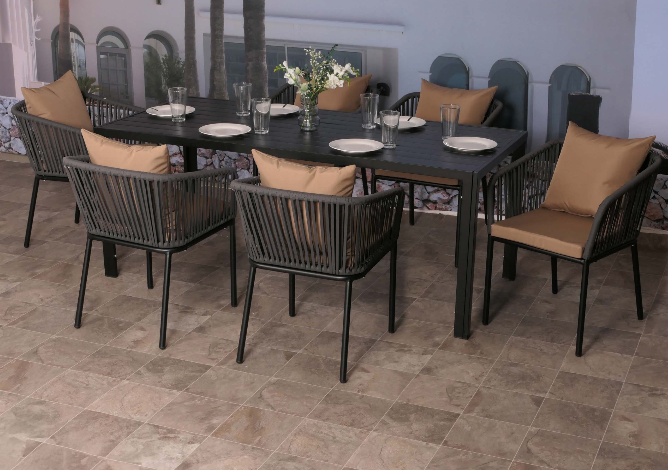 Gartengarnitur MCW-N41, Tisch+6xStuhl, wetterfest Alu 180x80cm, Seilgeflecht Rope ~ anthrazit Kissen taupe - Bild 1