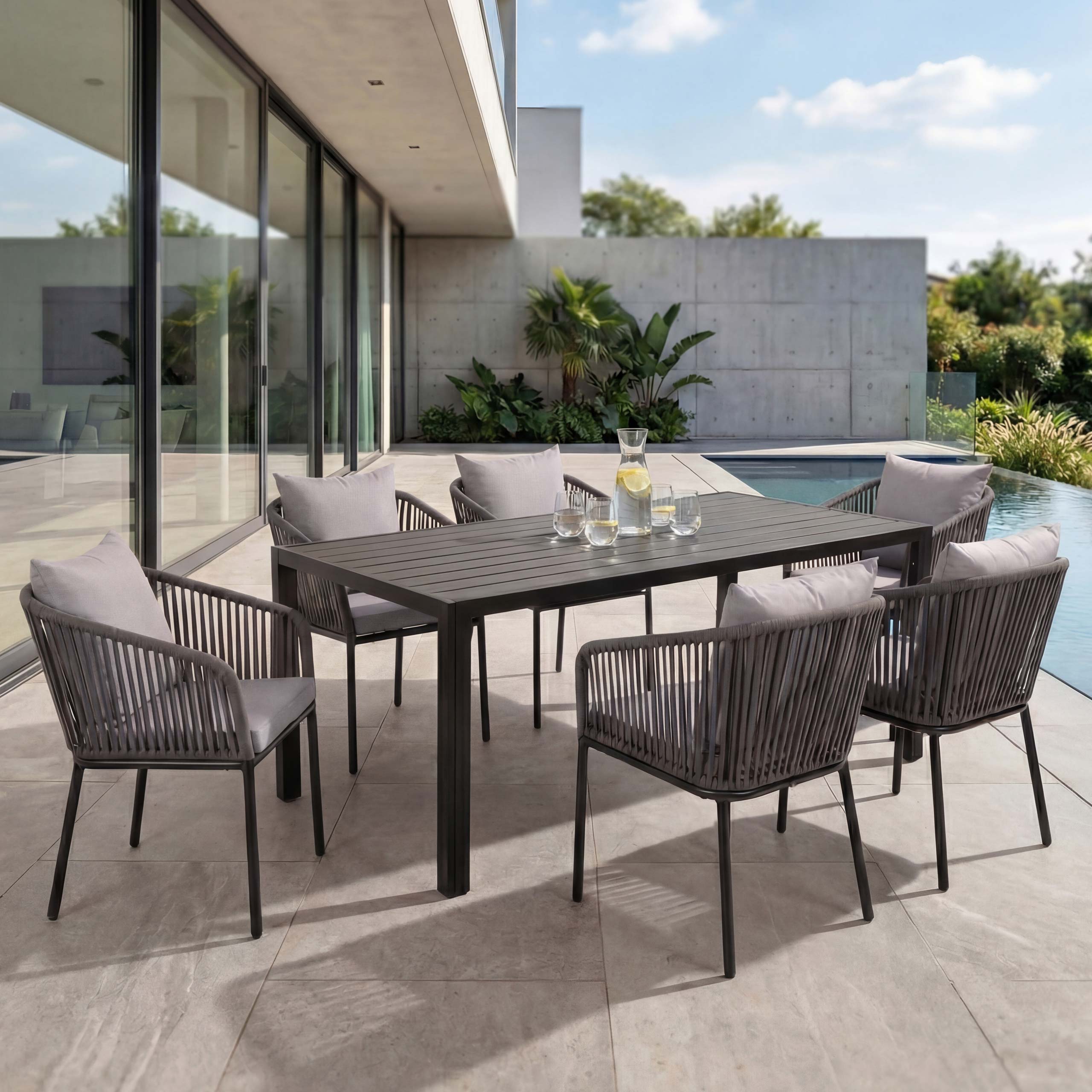 Gartengarnitur MCW-N41, Tisch+6xStuhl, wetterfest Alu 180x80cm, Seilgeflecht Rope ~ anthrazit Kissen grau - Bild 1