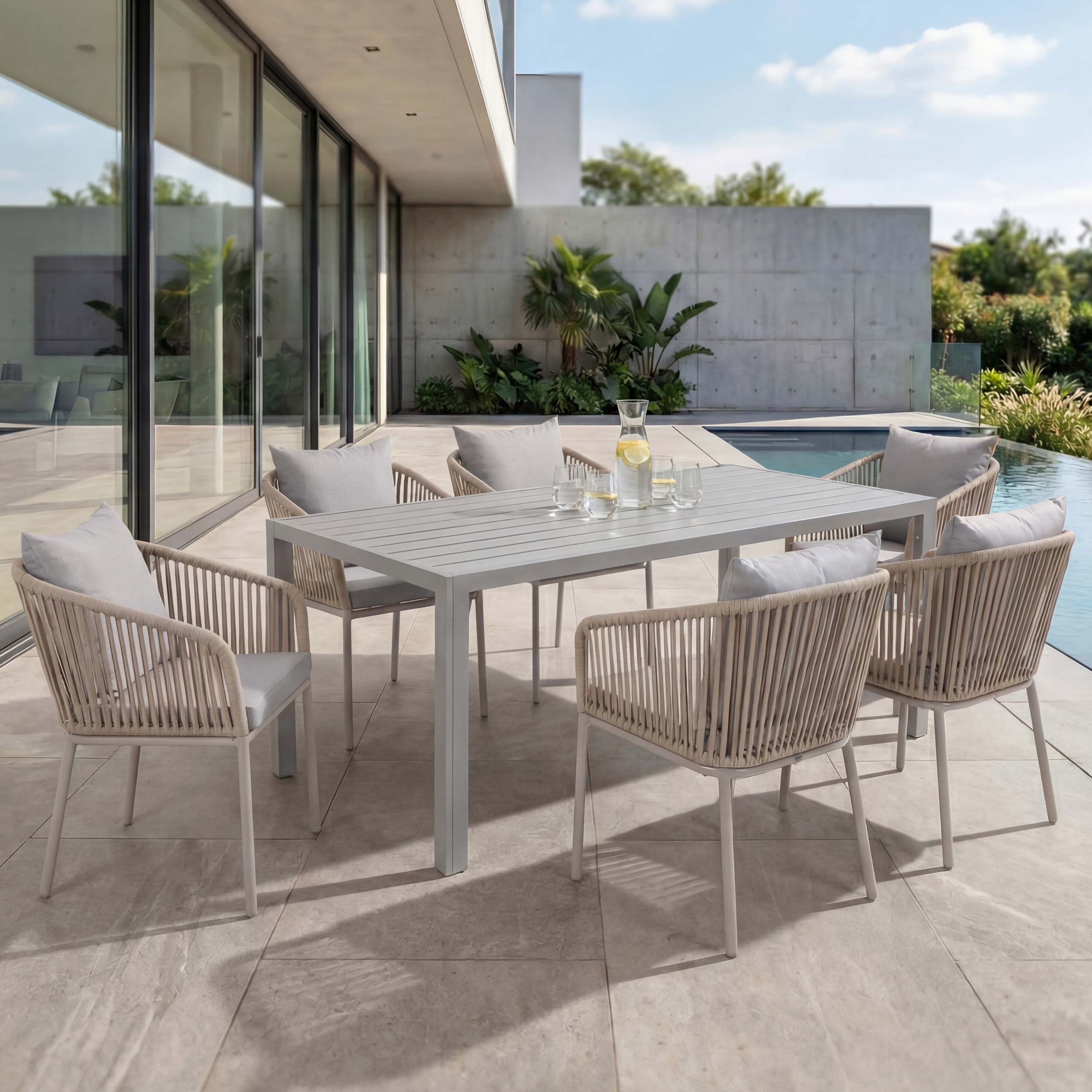 Gartengarnitur MCW-N41, Tisch+6xStuhl, wetterfest Alu 180x80cm, Seilgeflecht Rope ~ grau Kissen grau - Bild 1