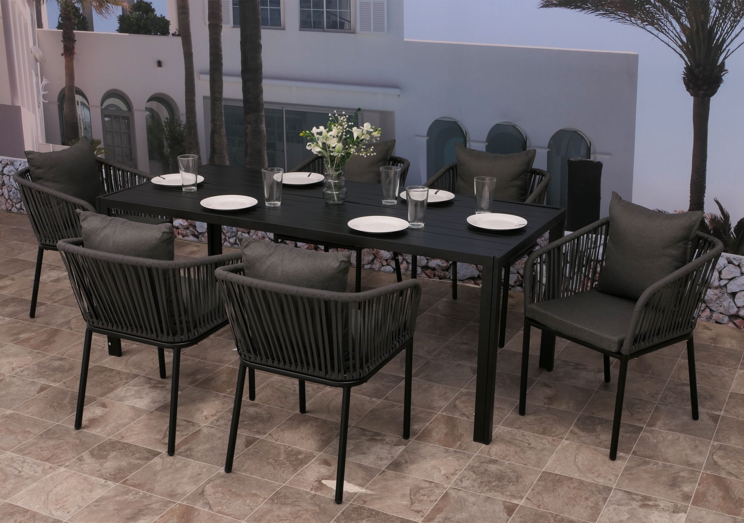 Gartengarnitur MCW-N41, Tisch+6xStuhl, wetterfest Alu 180x80cm, Seilgeflecht Rope ~ anthrazit, Kissen dunkelgrau - Bild 1