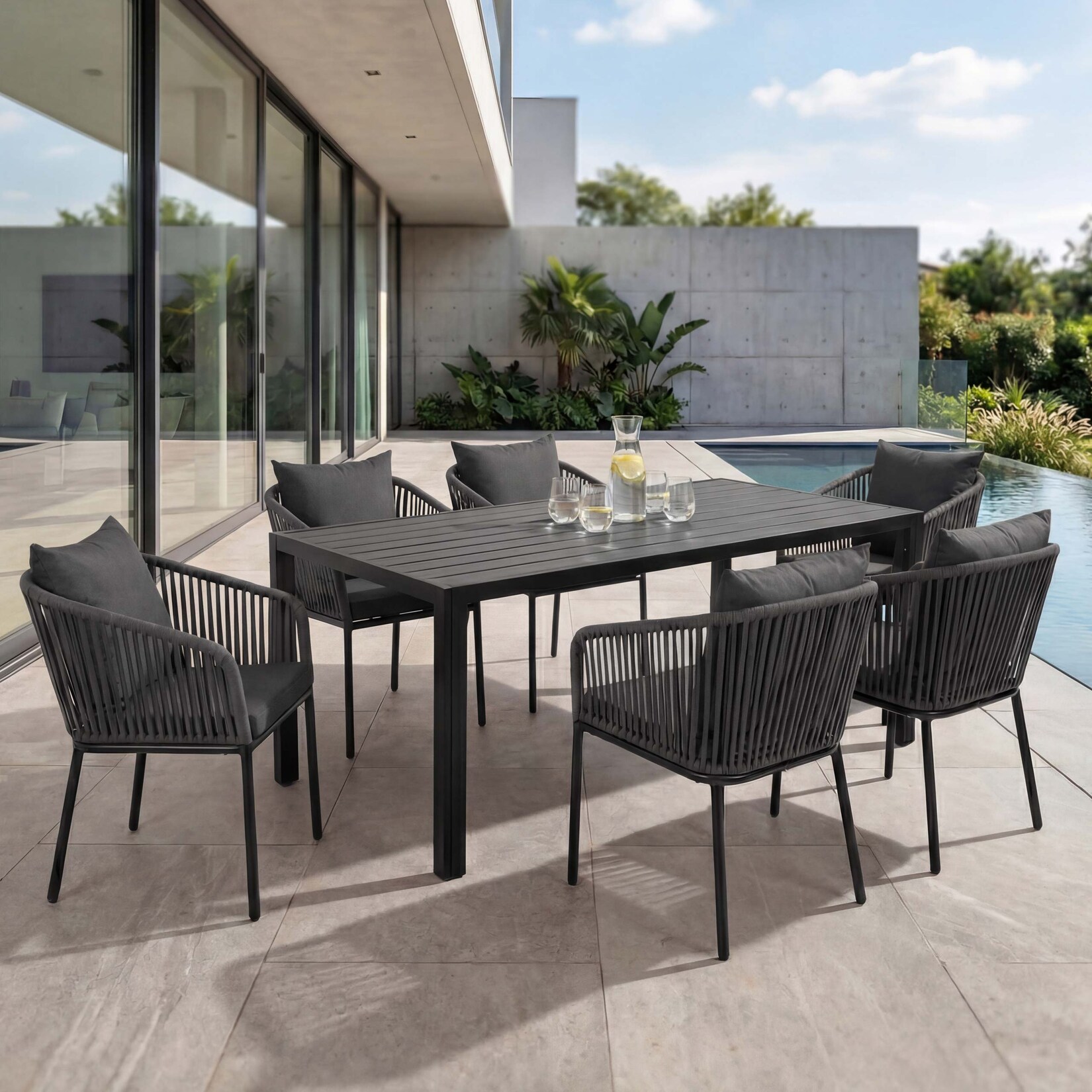 Gartengarnitur MCW-N41, Tisch+6xStuhl, wetterfest Alu 180x80cm, Seilgeflecht Rope ~ anthrazit, Kissen dunkelgrau