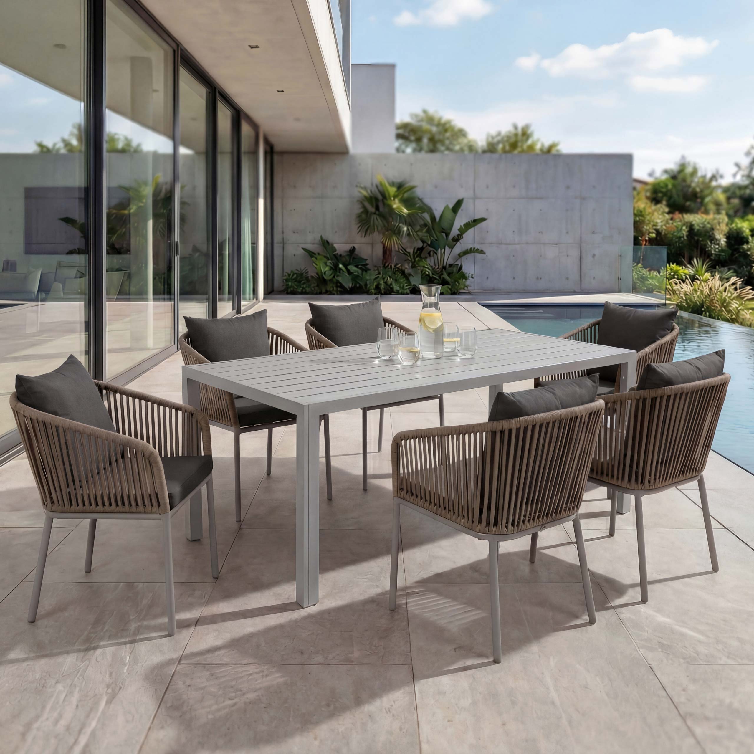 Gartengarnitur MCW-N41, Tisch+6xStuhl, wetterfest Alu 180x80cm, Seilgeflecht Rope ~ grau, Kissen dunkelgrau - Bild 1