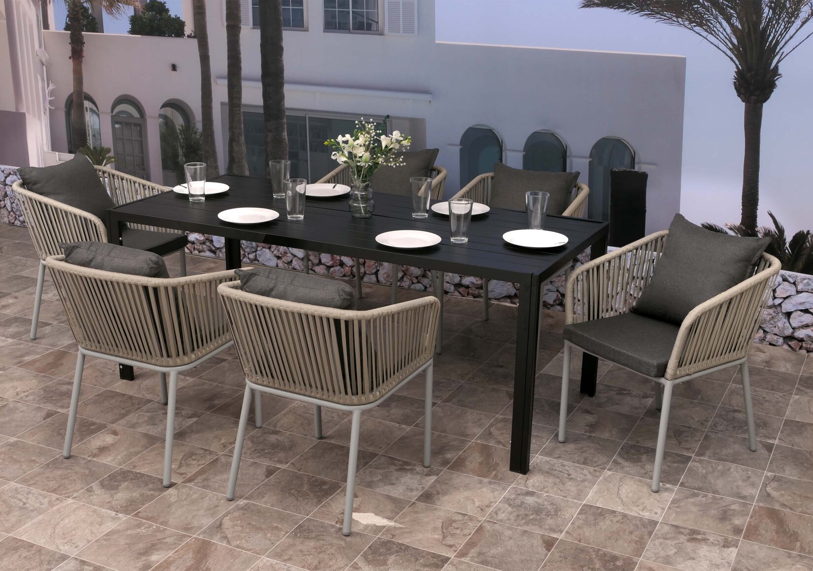 Gartengarnitur MCW-N41, Tisch+6xStuhl, wetterfest Alu 180x80cm, Seilgeflecht Rope ~ grau, Kissen dunkelgrau | 04057651705521