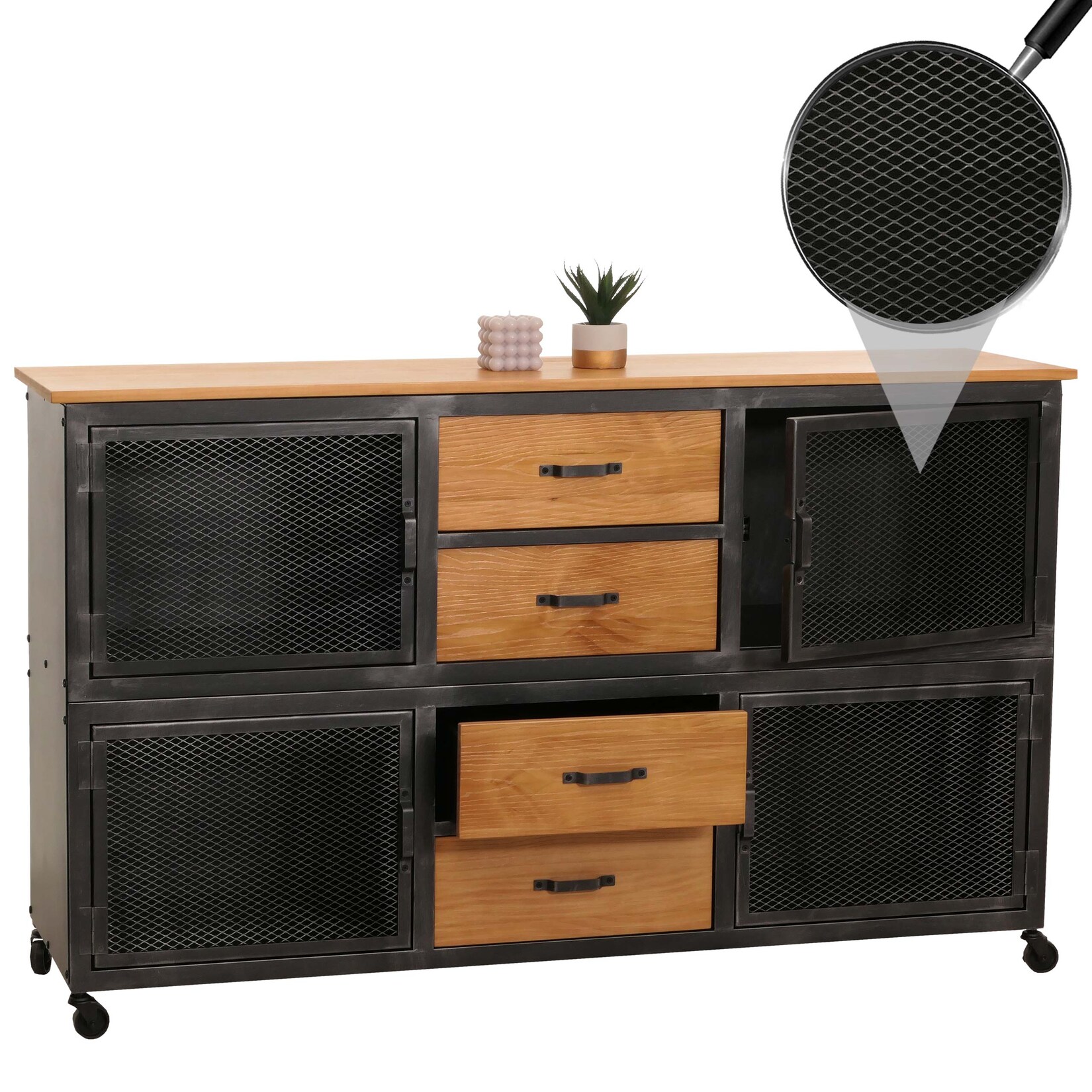 Sideboard MCW-N28, Kommode, Rollen 4 Schubladen, 3D-Struktur Industrial Retro Metall Holz 90x150x40cm ~ schwarz, natur | 04057651868011