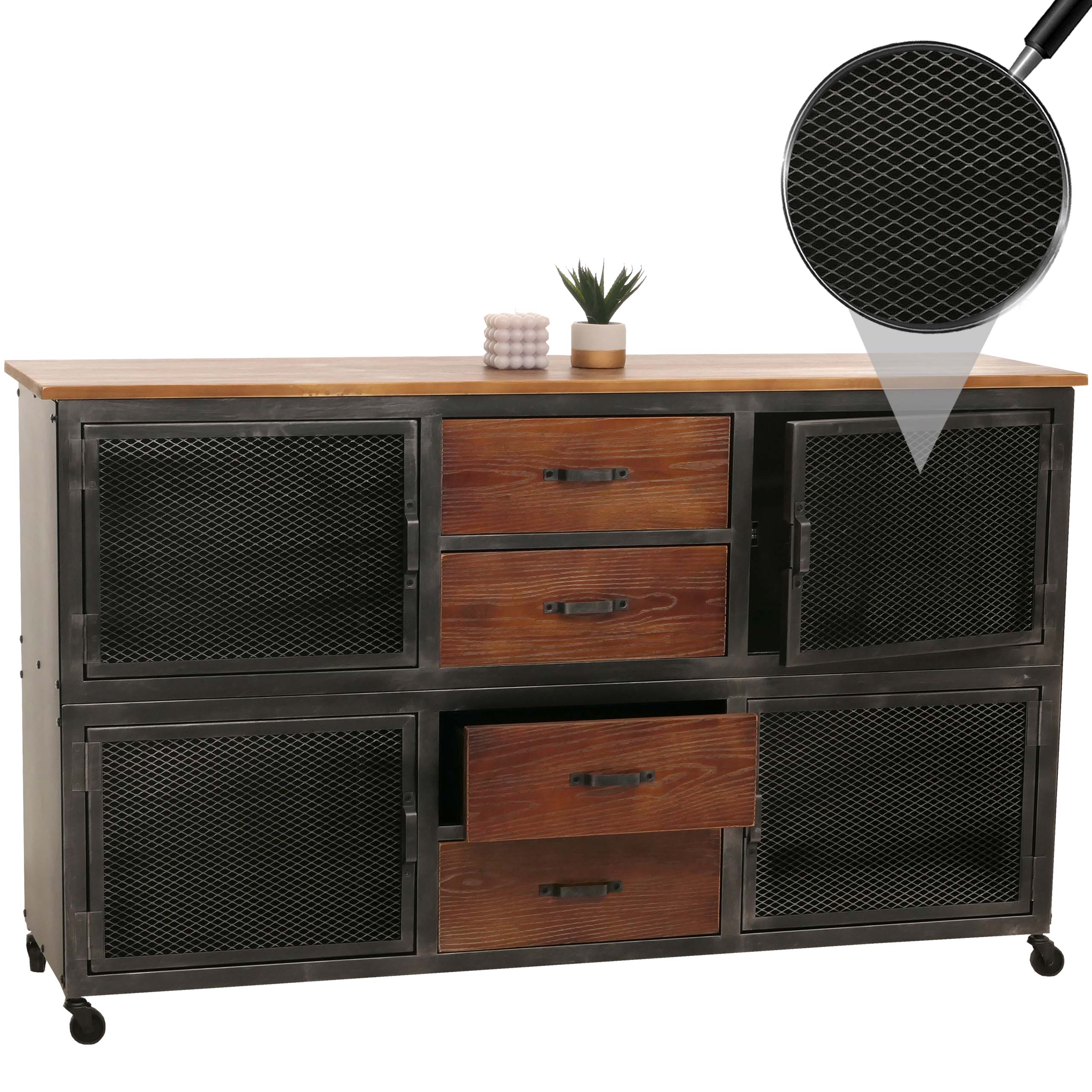 Sideboard MCW-N28, Kommode, Rollen 4 Schubladen, 3D-Struktur Industrial Retro Metall Holz 90x150x40cm ~ schwarz, braun - Bild 1