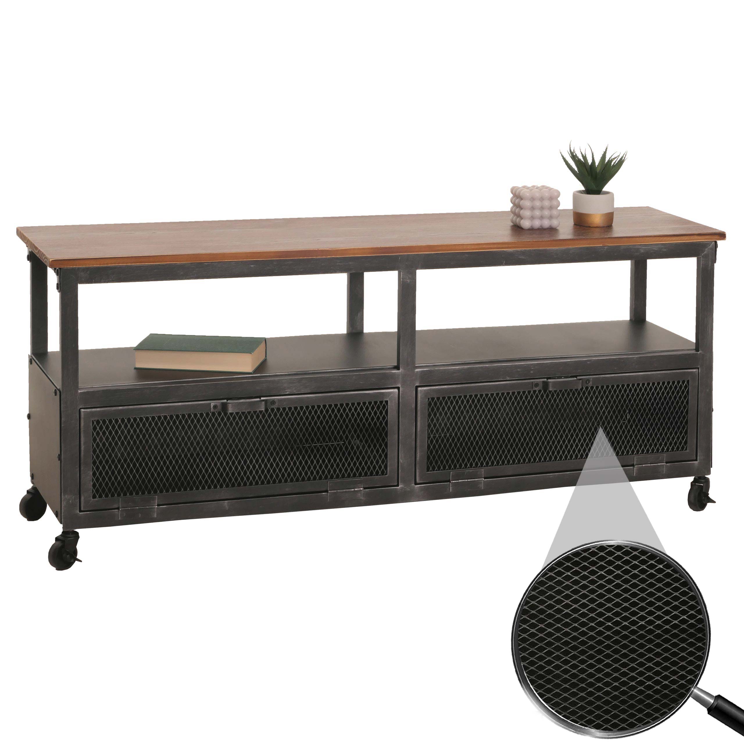 Lowboard MCW-N28, TV-Rack, Rollen 2 F&auml;cher, 3D-Struktur Industrial Retro Metall Holz 55x130x36cm ~ schwarz, braun - Bild 1