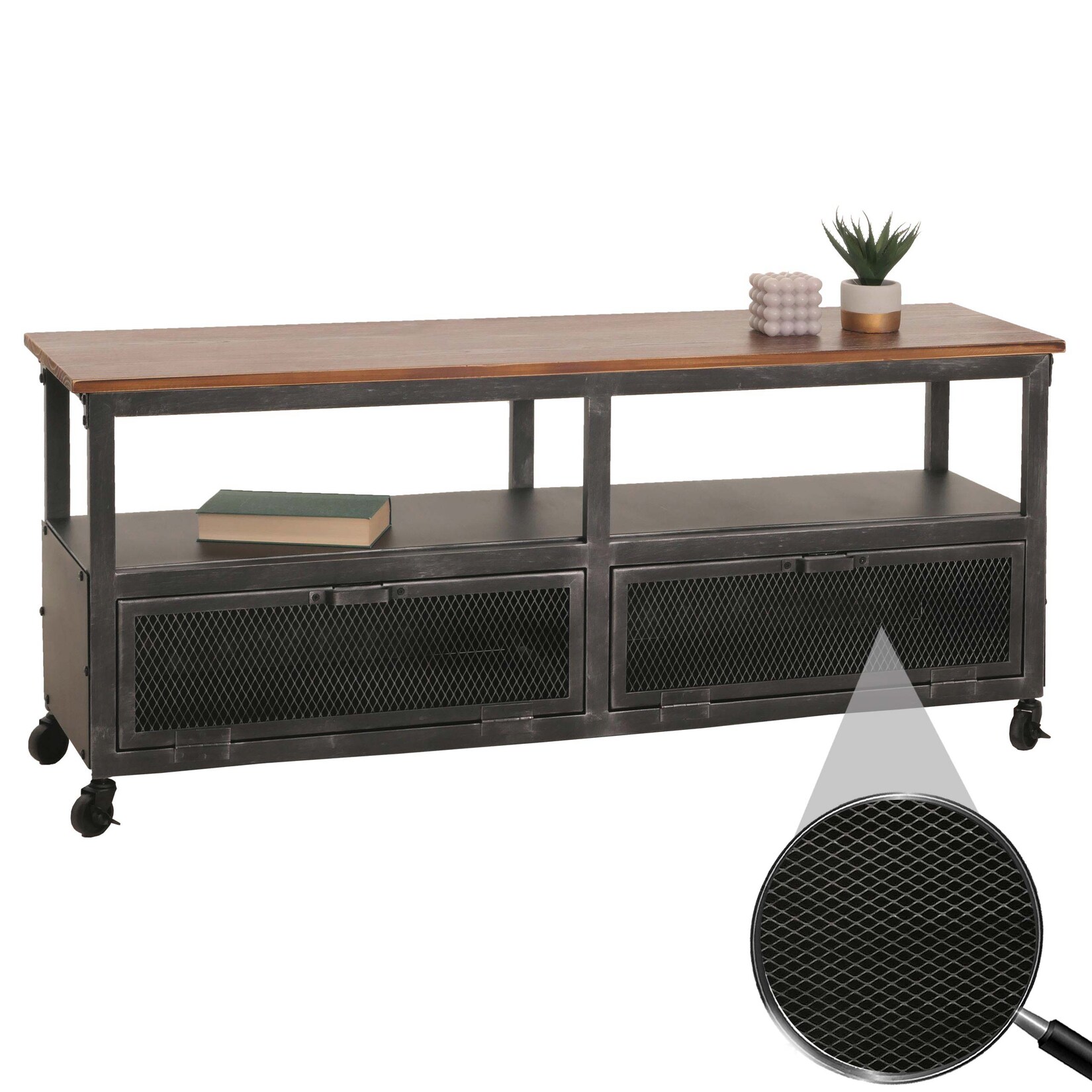 Lowboard MCW-N28, TV-Rack, Rollen 2 Fächer, 3D-Struktur Industrial Retro Metall Holz 55x130x36cm ~ schwarz, braun
