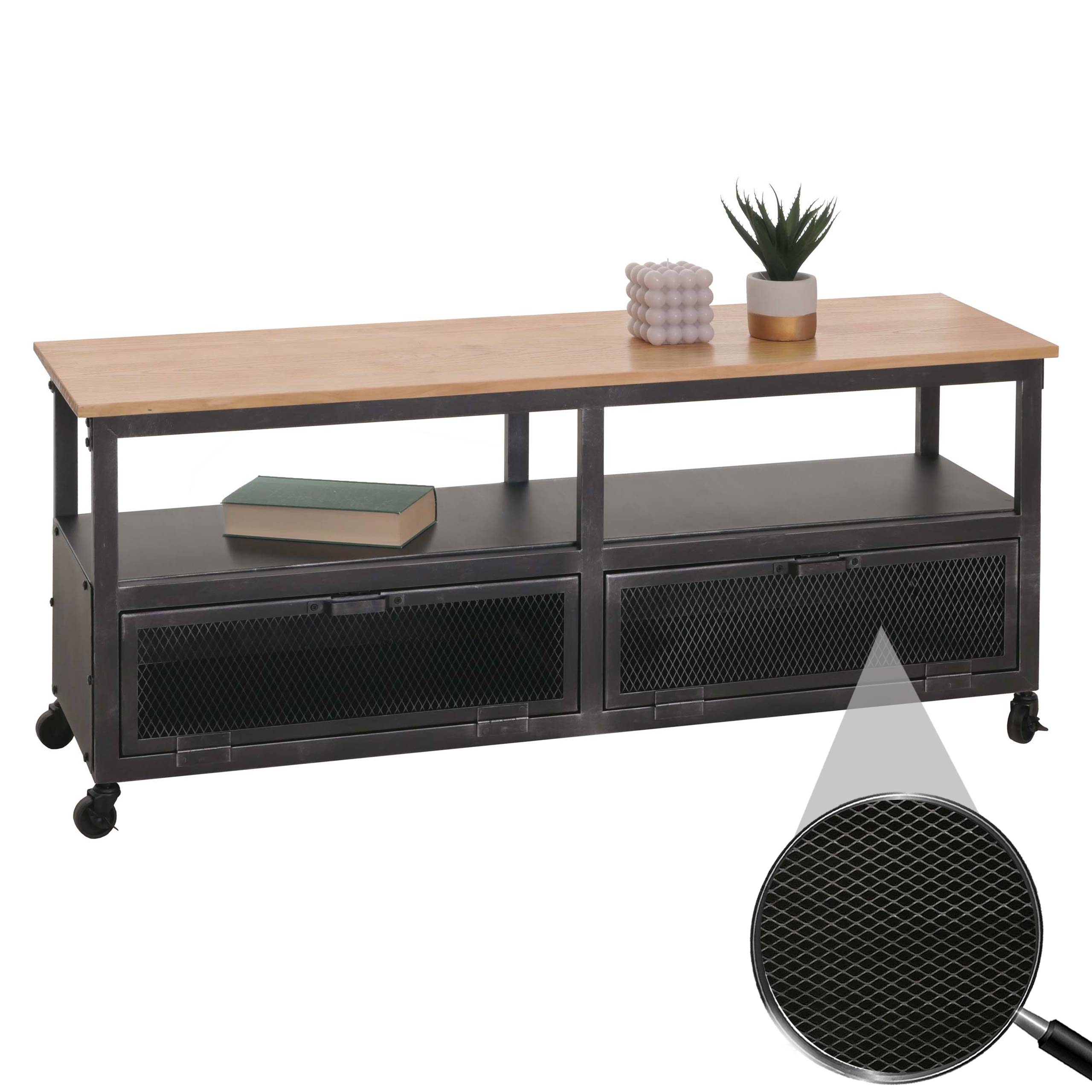Lowboard MCW-N28, TV-Rack, Rollen 2 F&auml;cher, 3D-Struktur Industrial Retro Metall Holz 55x130x36cm ~ schwarz, natur - Bild 1