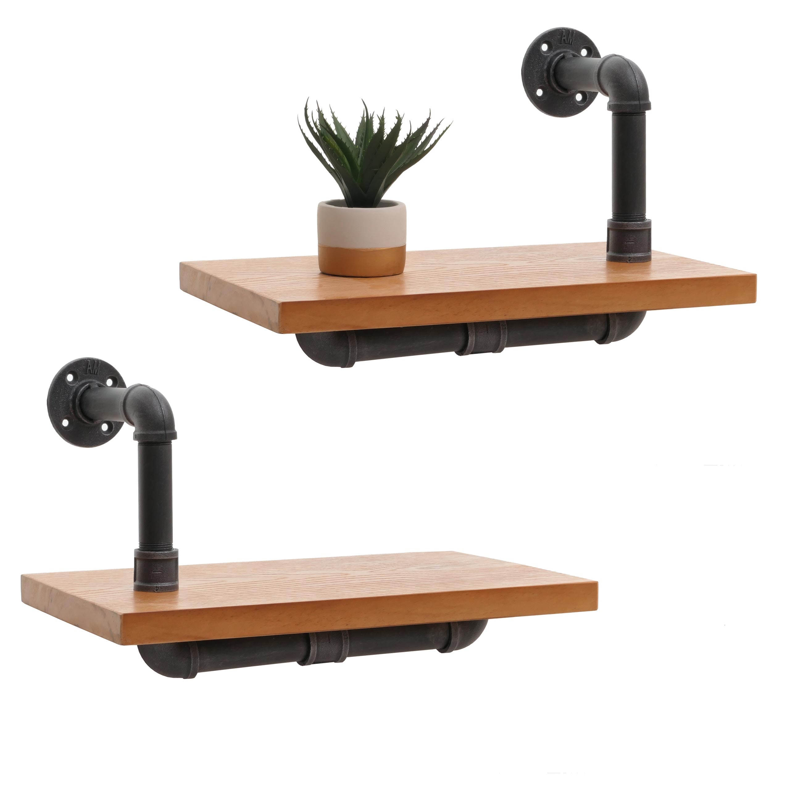 2er-Set Wandregal MCW-N29, H&auml;ngeregal Regal B&uuml;cherregal, 3D-Struktur Industrial Stahl Massiv-Holz 29x45x25cm ~ natur - Bild 1