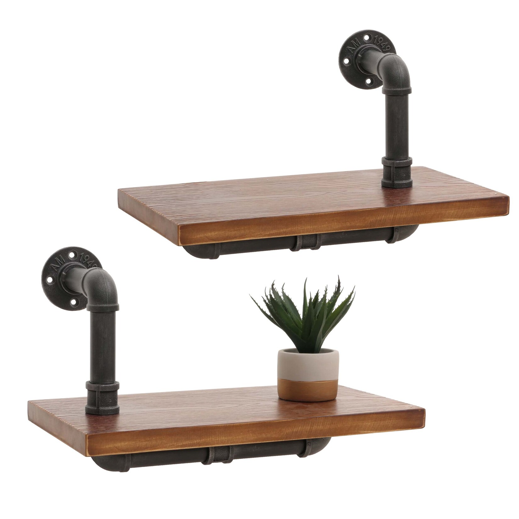 2er-Set Wandregal MCW-N29, Hängeregal Regal Bücherregal, 3D-Struktur Industrial Stahl Massiv-Holz 29x45x25cm ~ braun