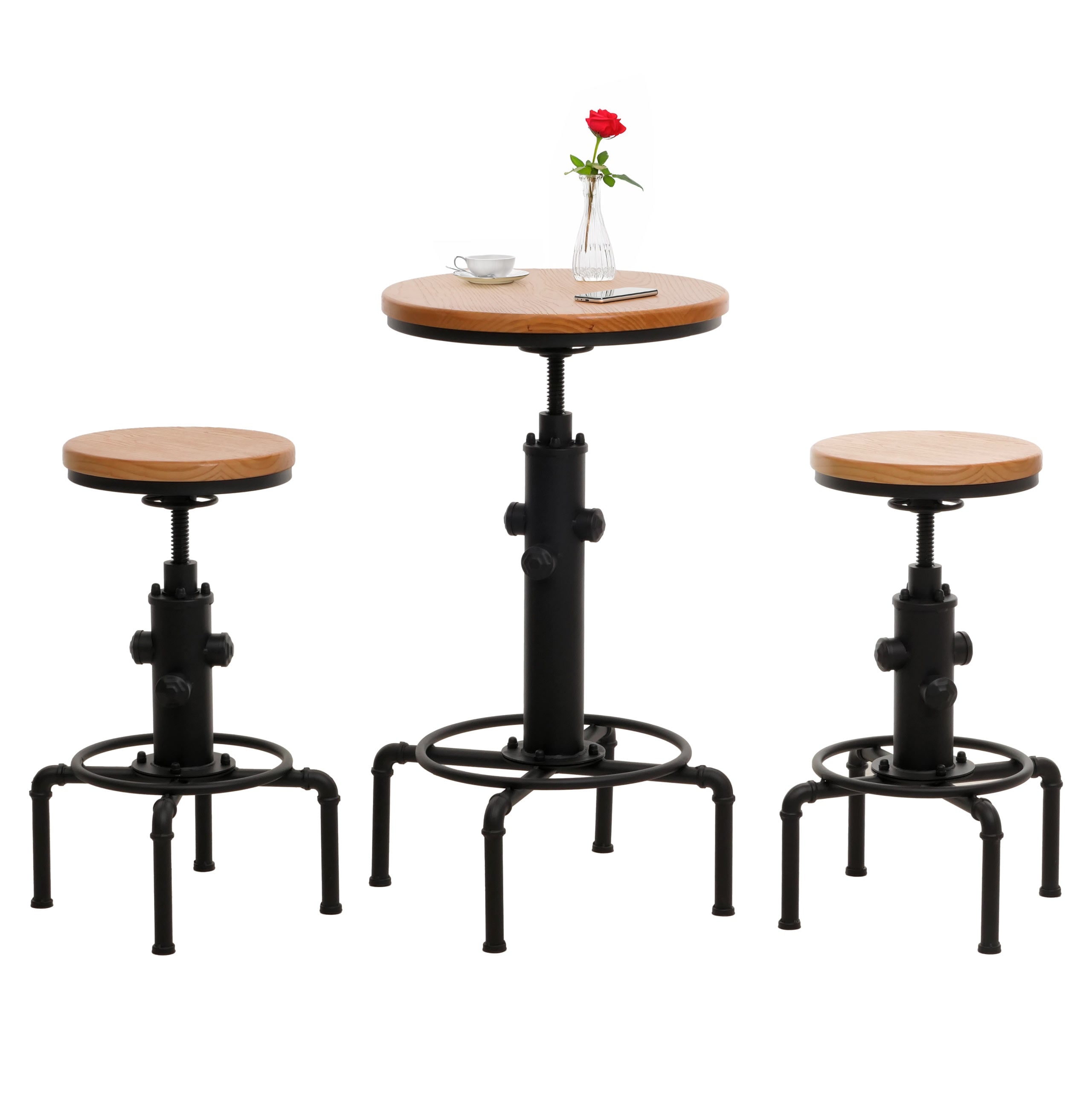 Set Bartisch + 2x Barhocker MCW-N23, Barstuhl Stehtisch h&ouml;henverstellbar drehbar Fu&szlig;ablage Industrial Eisen Holz ~ natur - Bild 1