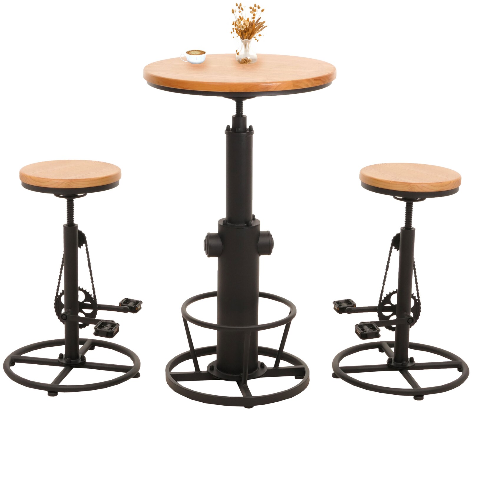 Set Bartisch + 2x Barhocker MCW-N20, Barstuhl Stehtisch höhenverstellbar drehbar Fußablage Industrial Holz ~ natur