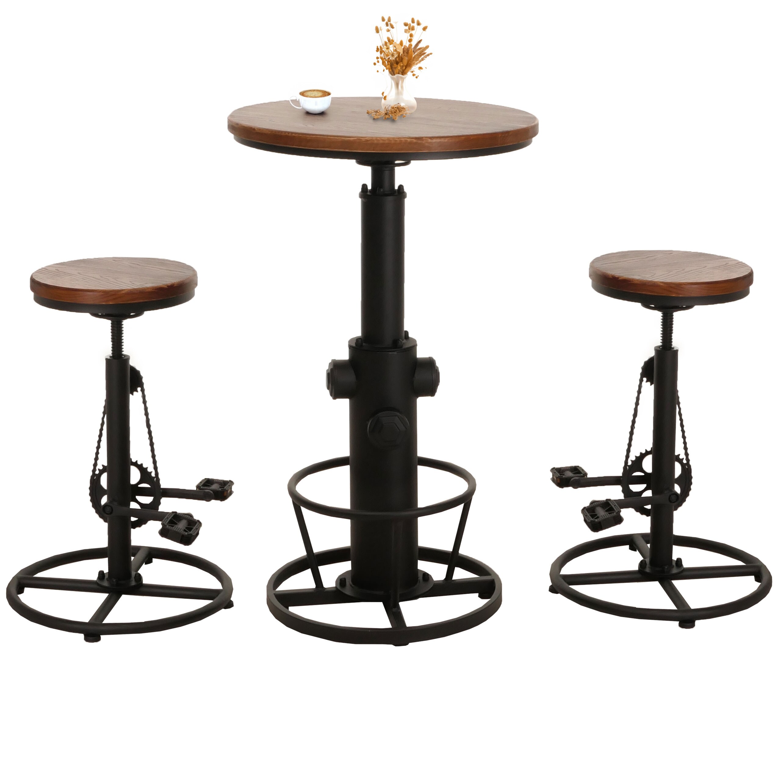 Set Bartisch + 2x Barhocker MCW-N20, Barstuhl Stehtisch h&ouml;henverstellbar drehbar Fu&szlig;ablage Industrial Holz ~ braun - Bild 1