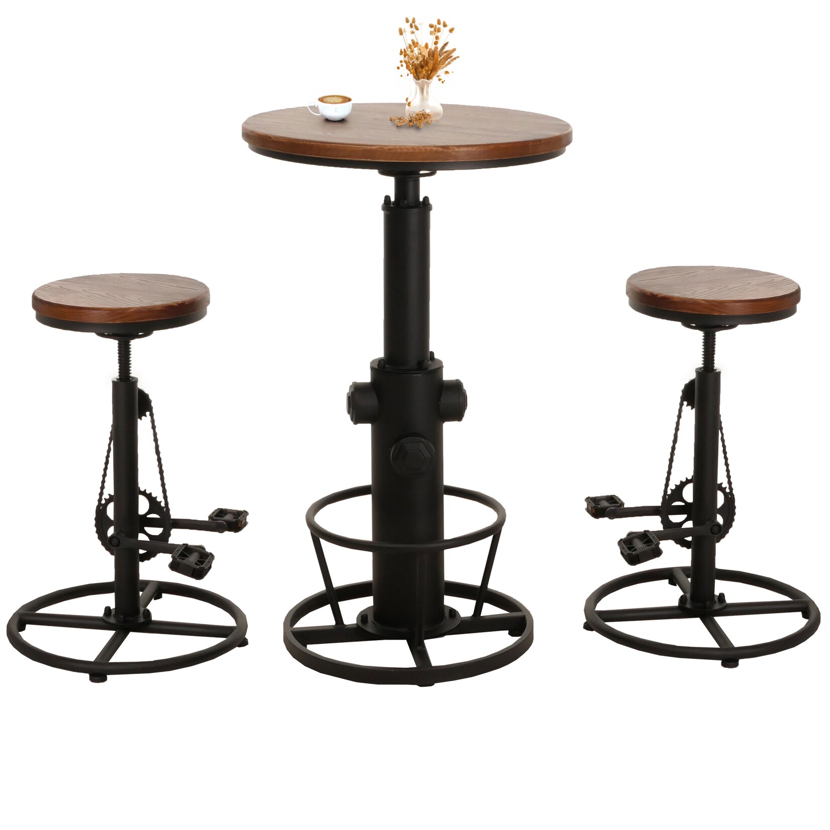 Set Bartisch + 2x Barhocker MCW-N20, Barstuhl Stehtisch höhenverstellbar drehbar Fußablage Industrial Holz ~ braun