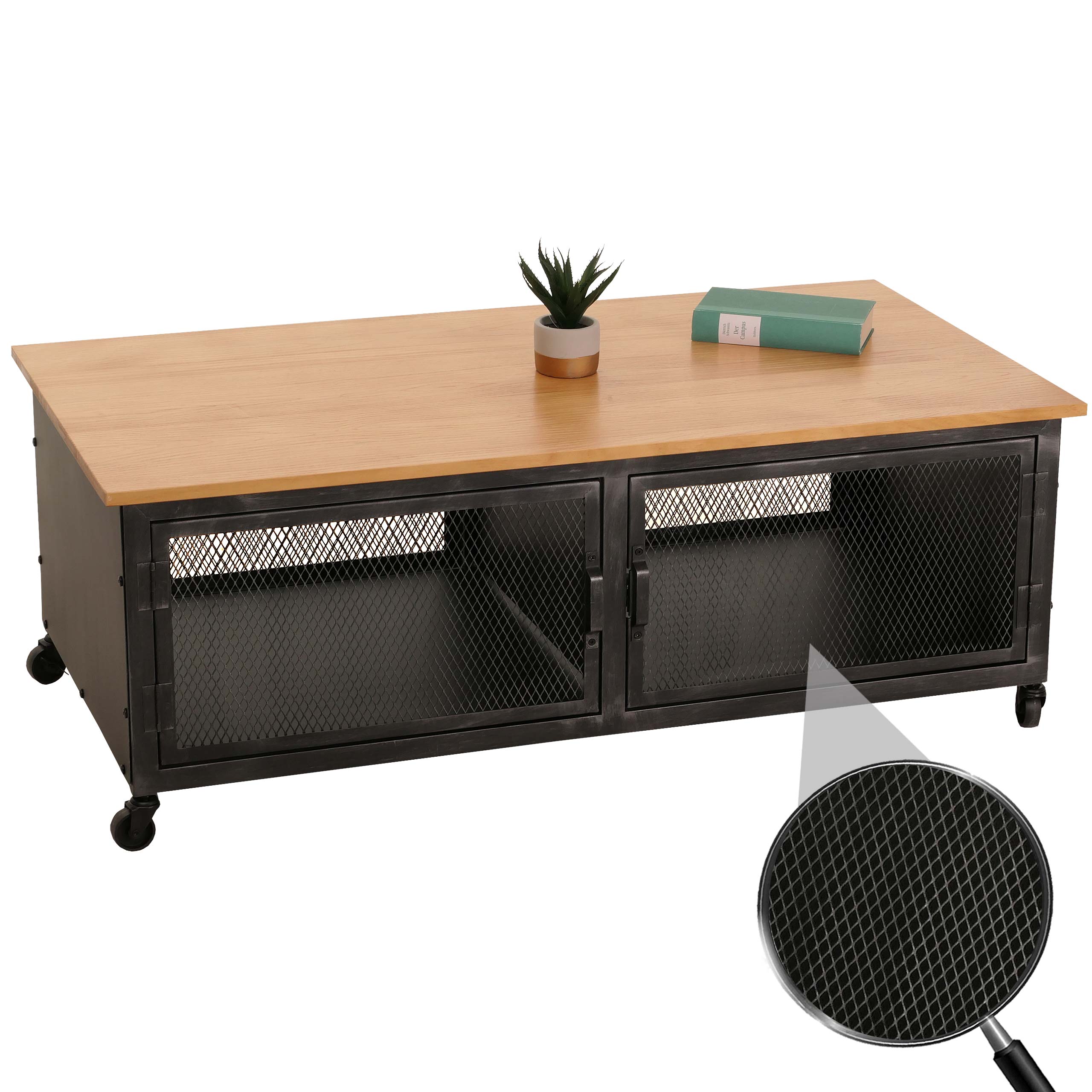 Couchtisch MCW-N28, Sofatisch, Rollen 2 F&auml;cher, 3D-Struktur Industrial Retro Metall Holz 45x120x60cm ~ schwarz, natur - Bild 1