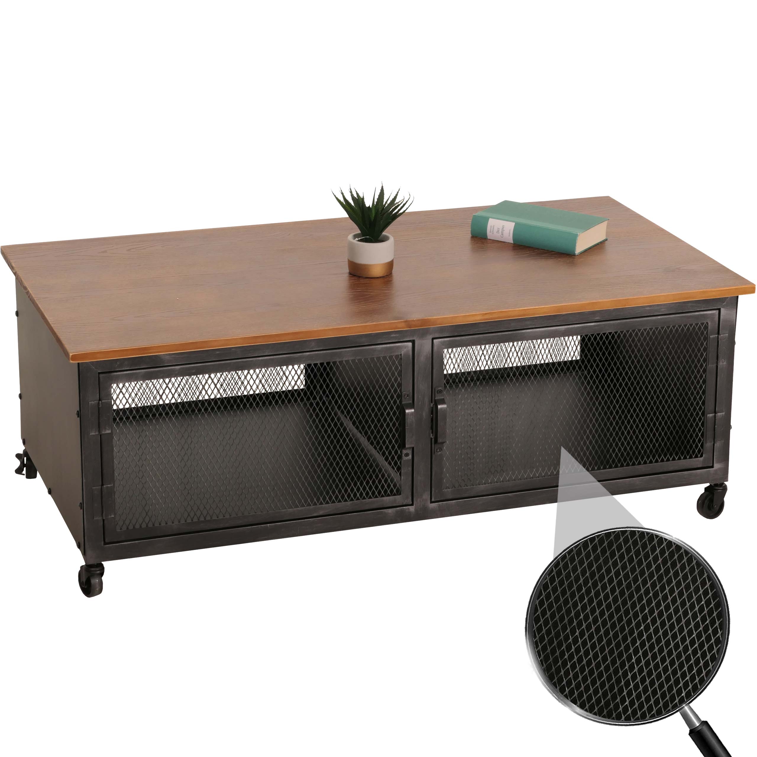 Couchtisch MCW-N28, Sofatisch, Rollen 2 F&auml;cher, 3D-Struktur Industrial Retro Metall Holz 45x120x60cm ~ schwarz, braun - Bild 1