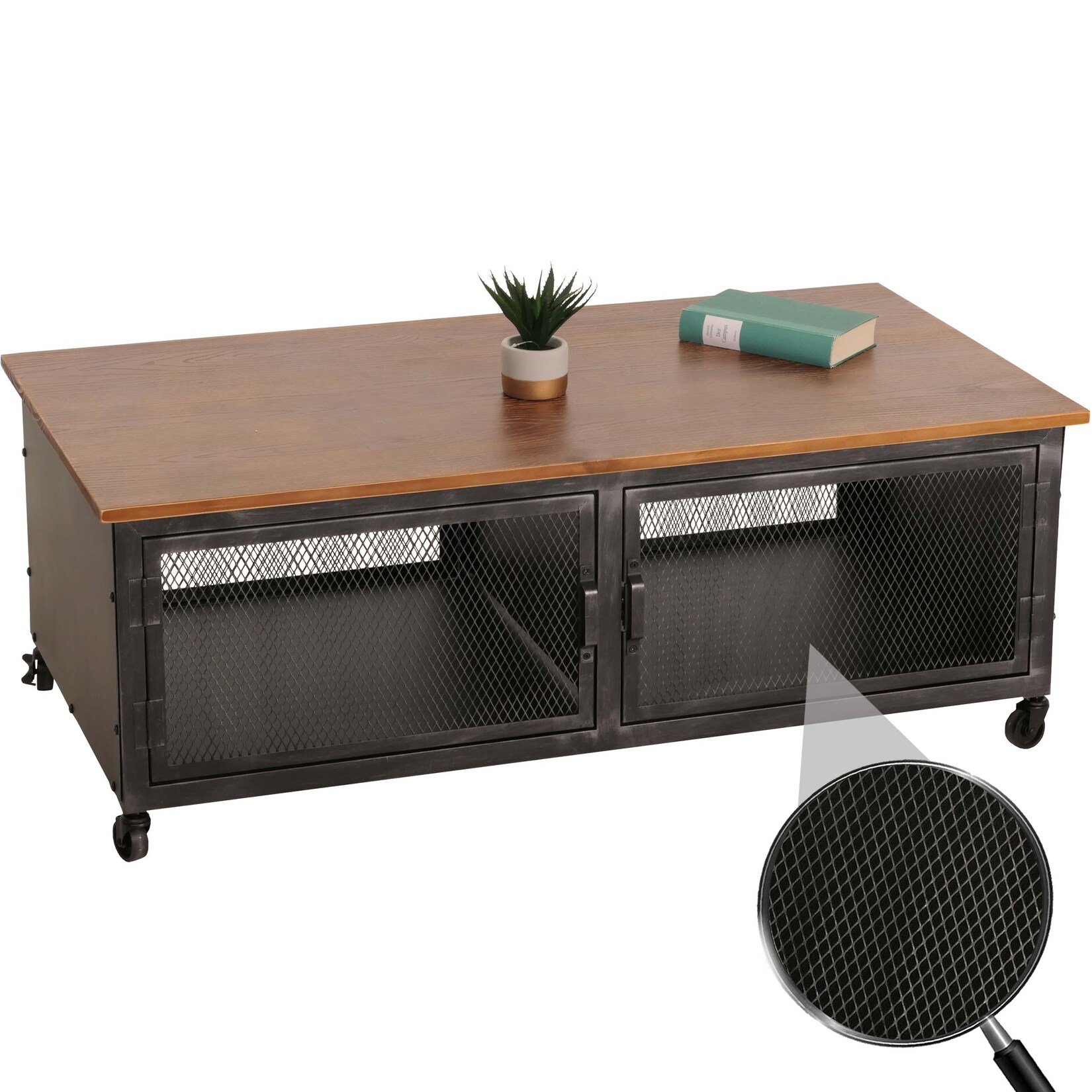 Couchtisch MCW-N28, Sofatisch, Rollen 2 Fächer, 3D-Struktur Industrial Retro Metall Holz 45x120x60cm ~ schwarz, braun