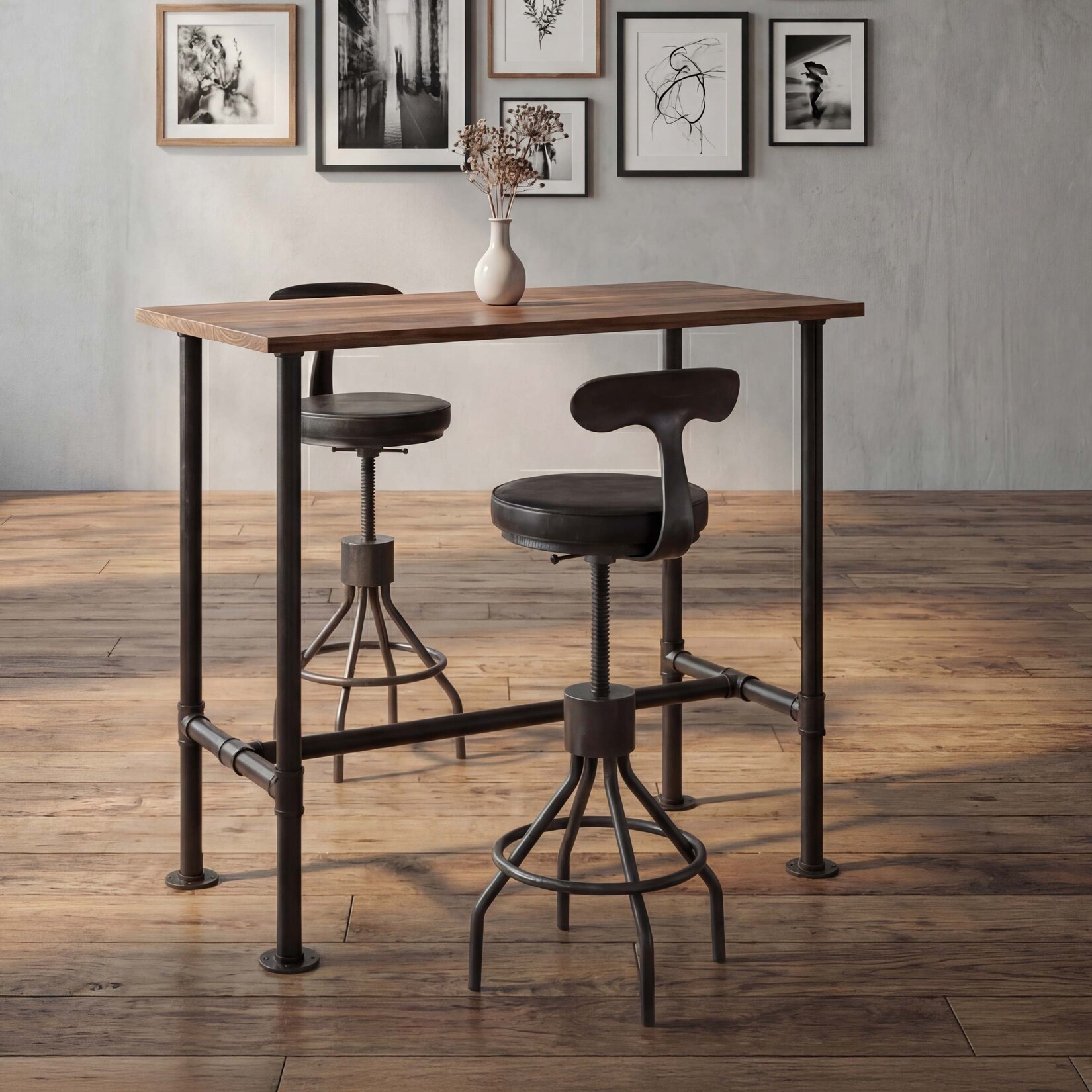 Set Bartisch + 2x Barhocker MCW-N21, höhenverstellbar drehbar Fußablage, Industrial Metall Kunstleder ~ braun, schwarz