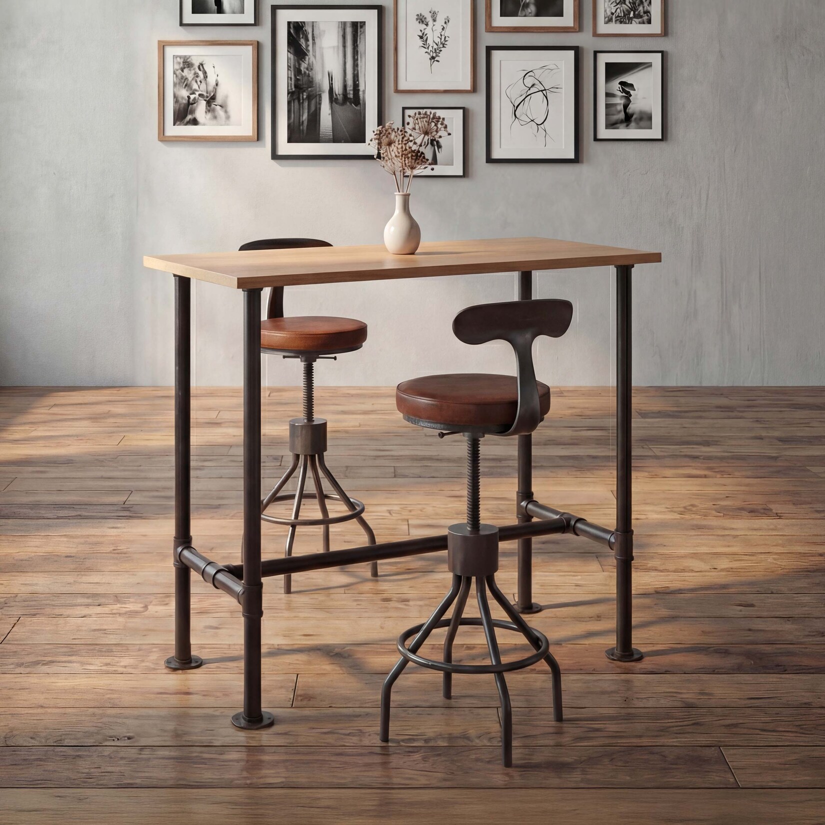 Set Bartisch + 2x Barhocker MCW-N21, höhenverstellbar drehbar Fußablage, Industrial Metall Kunstleder ~ natur, braun