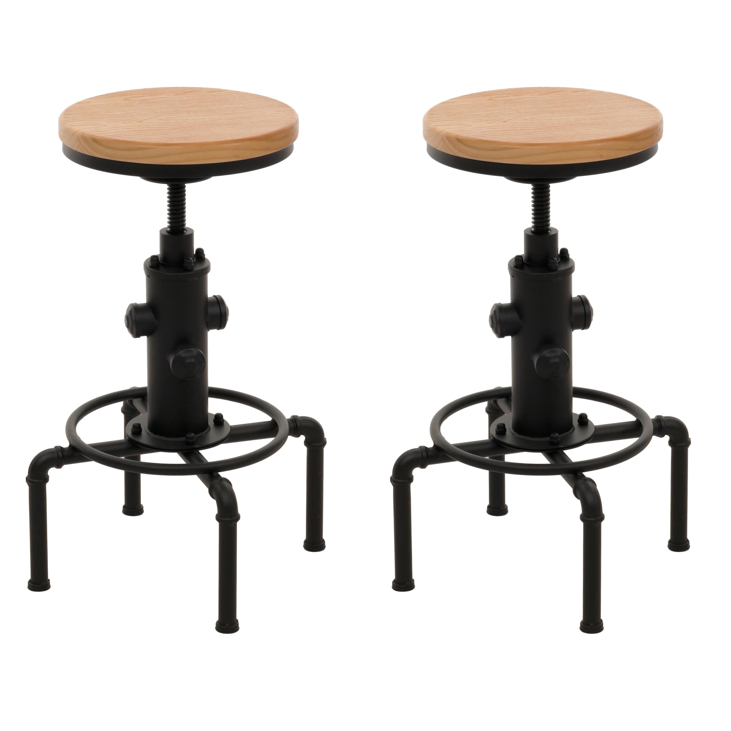 2er-Set Barhocker MCW-N23, Barstuhl Tresenhocker h&ouml;henverstellbar drehbar Fu&szlig;ablage Industrial Eisen Massiv-Holz ~ natur - Bild 1