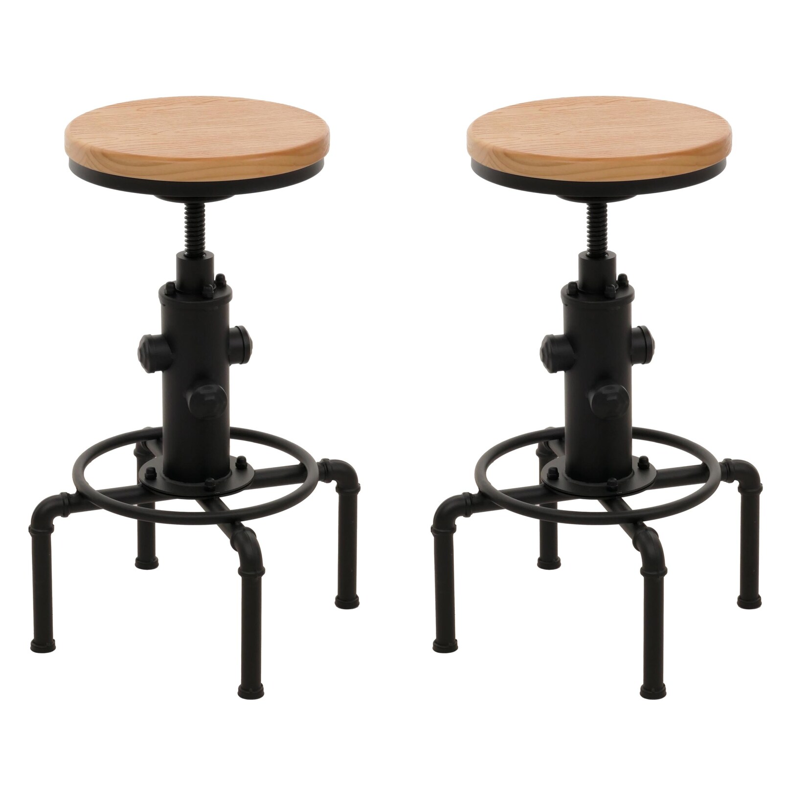 2er-Set Barhocker MCW-N23, Barstuhl Tresenhocker höhenverstellbar drehbar Fußablage Industrial Eisen Massiv-Holz ~ natur